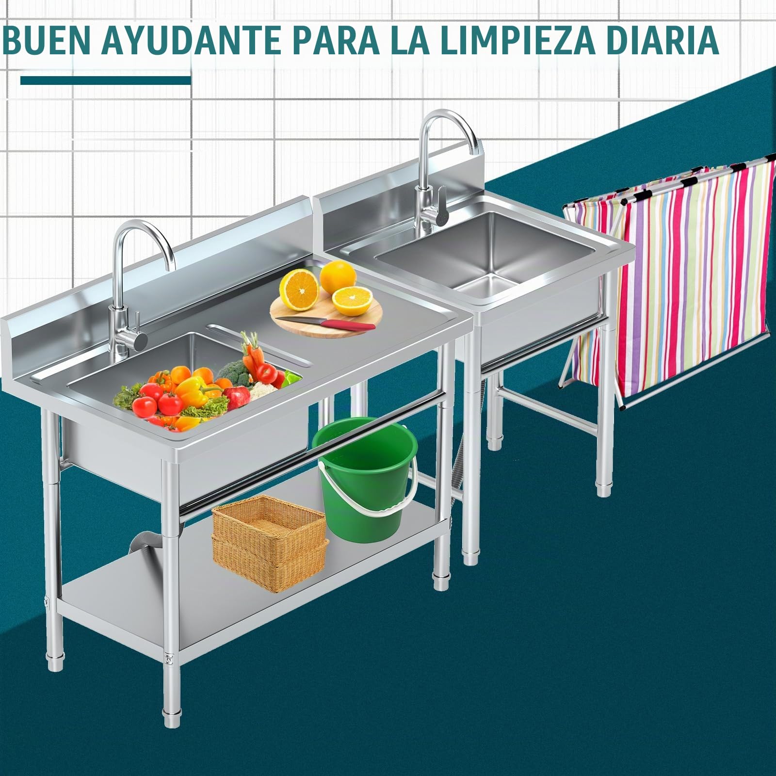 RiveraSink Fregadero Inox Independiente 100x55x80cm con Grifo 360° | Fregadero cocina e industrial | Lavadero exterior | Cubeta profunda | Cesta filtro incluida | Fácil limpieza