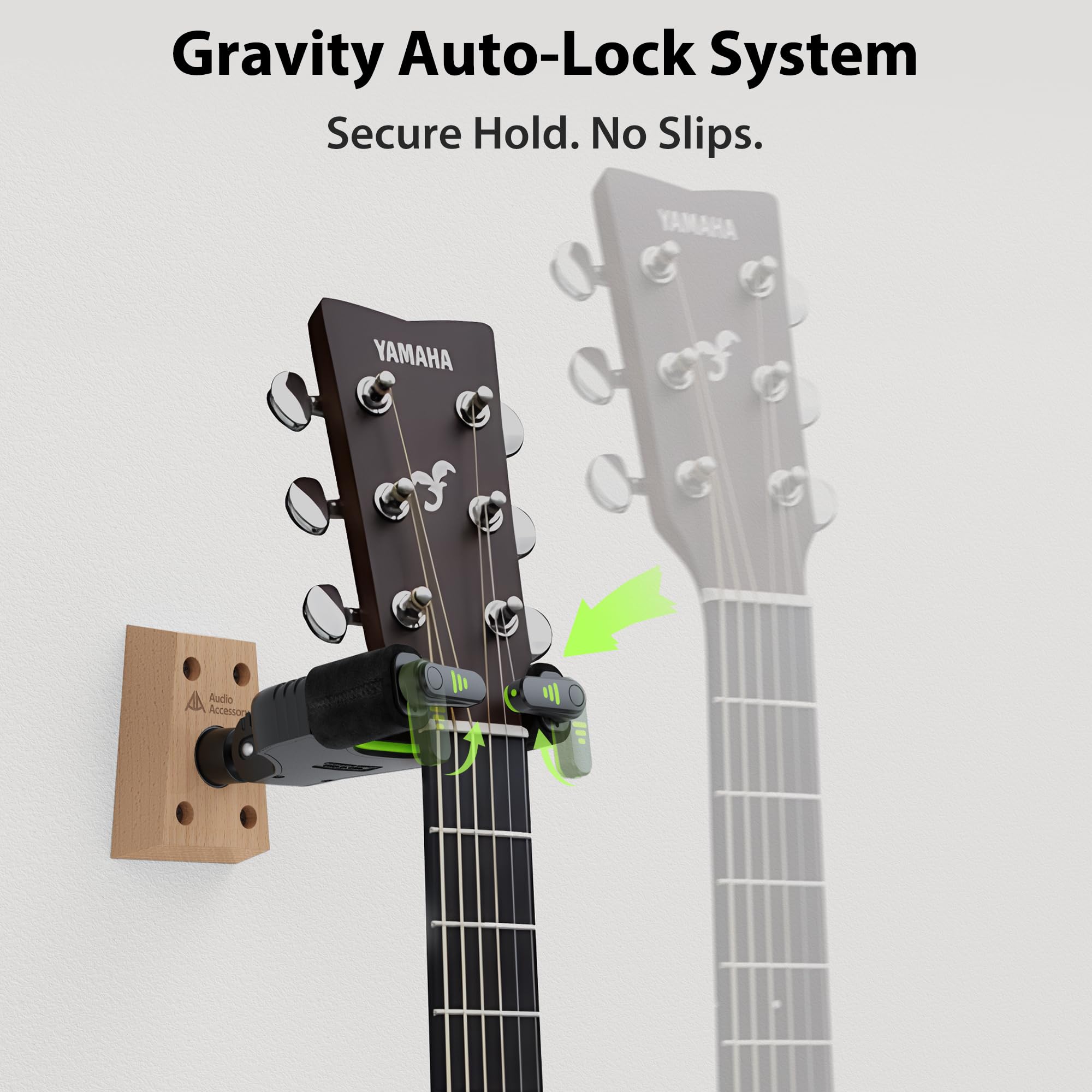 AA AUDIO ACCESSORY Soporte guitarra pared 2 Piezas con cierre automático, gancho de terciopelo apto para nitro, base madera 4 tornillos, carga 9kg, para bajo, guitarra acústica, clásica y eléctrica