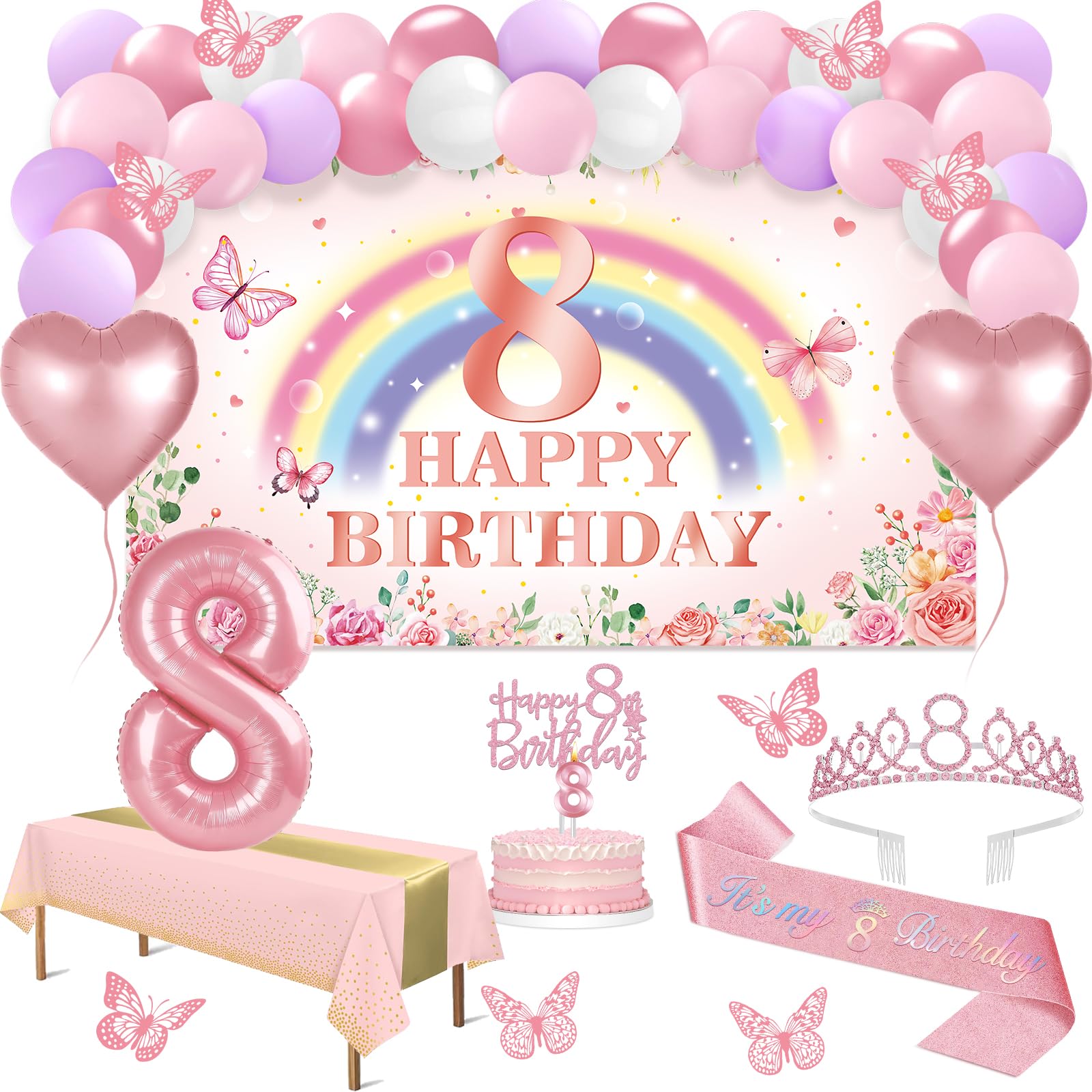 8th Birthday Decorations for Girl, 47pcs Silver Pink Happy 8th Birthday Banner, Tablecloth, Butterfly Decor, Sash and Tiara, Cake Topper, Candles, Balloons Arch, 8 Year Old Girls Gifts