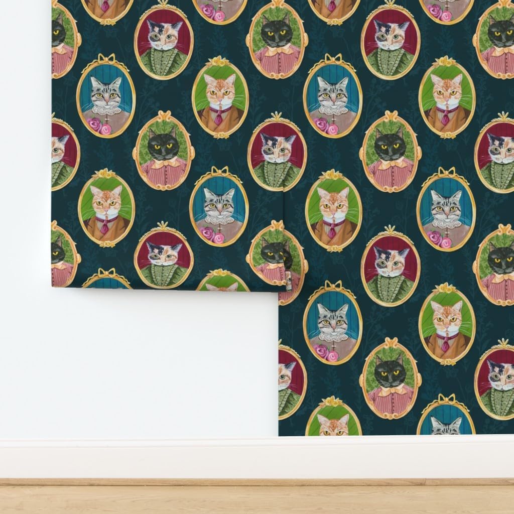 Peel & Stick Wallpaper Swatch - Portrait Kitties,Victorian,Retro,Gothic,Vintage,Feline Custom Removable Wallpaper by Spoonflower