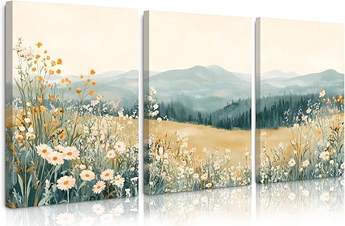 Miniatura 72 de Arte de pared bohemio con margaritas, decoración de pared de lienzo de montaña, impresiones abstractas de flores silvestres, puesta de sol, arte de