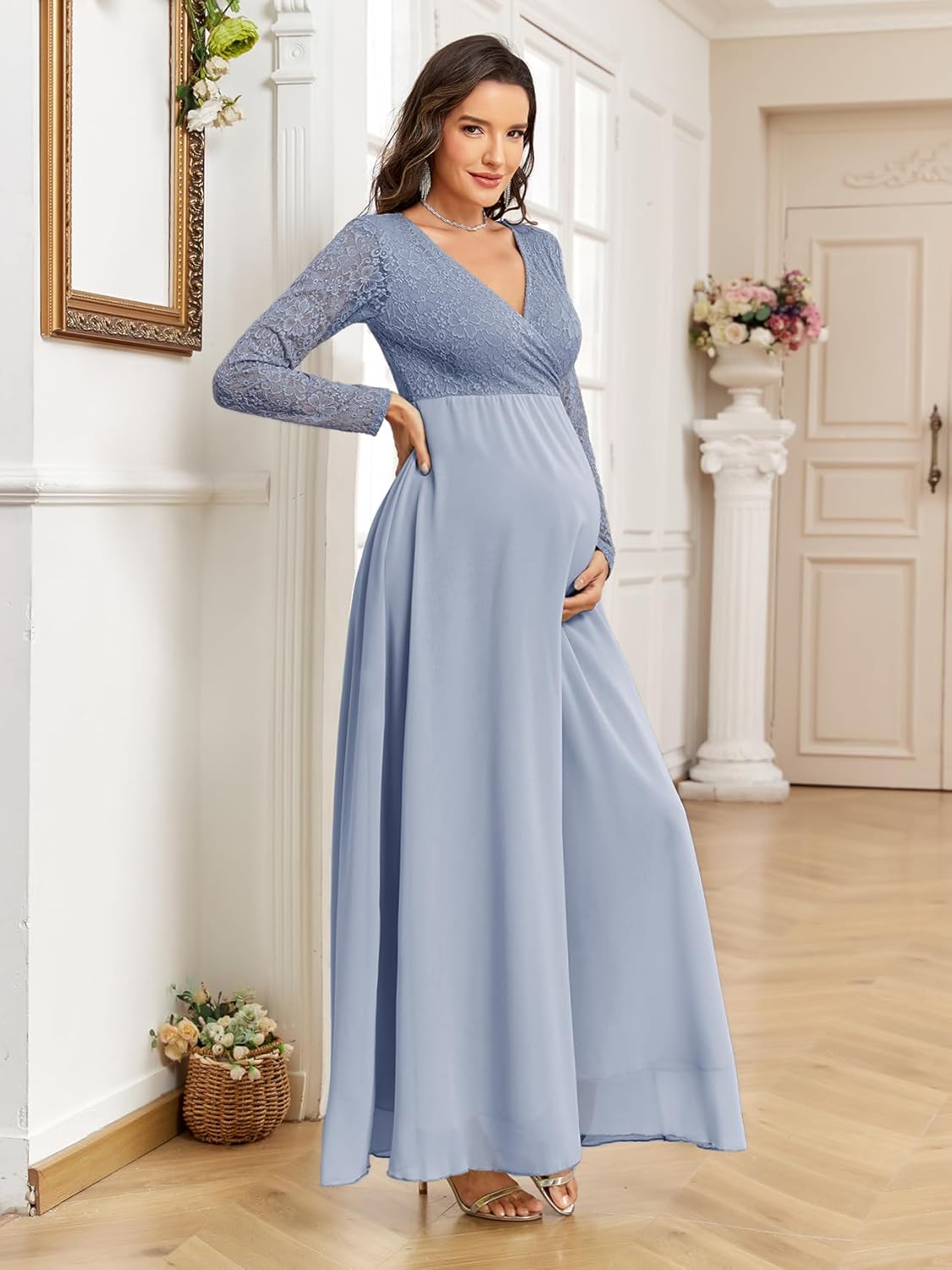CYCLAMEN Maternity Dress Flowy A-Line Wrap Gown with Floral Lace and Contrast Chiffon Long Sleeve V Neck for Baby Shower - Image 2