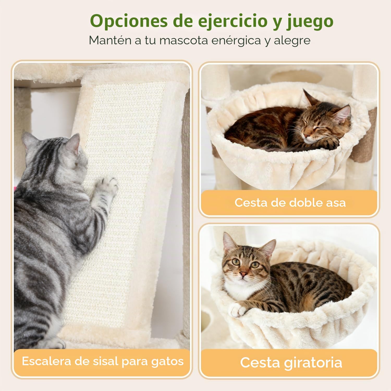 Globlazer Rascador Beige para Gatos Grandes XXL 204 cm con 2 Grande Plataformas Acolchadas 50*30CM, 2 Nidos, 3 Cesta, Tabla Rascar Sisal, Estable Árbol Rascador para Vario Gatos Adultos (S80G, Beige)