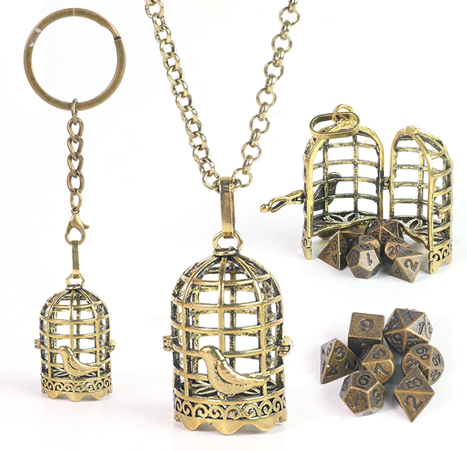 Mini Metal DND Dice Set with Exquisite Copper Hollow Bird cage Necklace Dice Case Antique Tiny Metal Dice Set D&D Keychain Portable 7PCS Dice Set