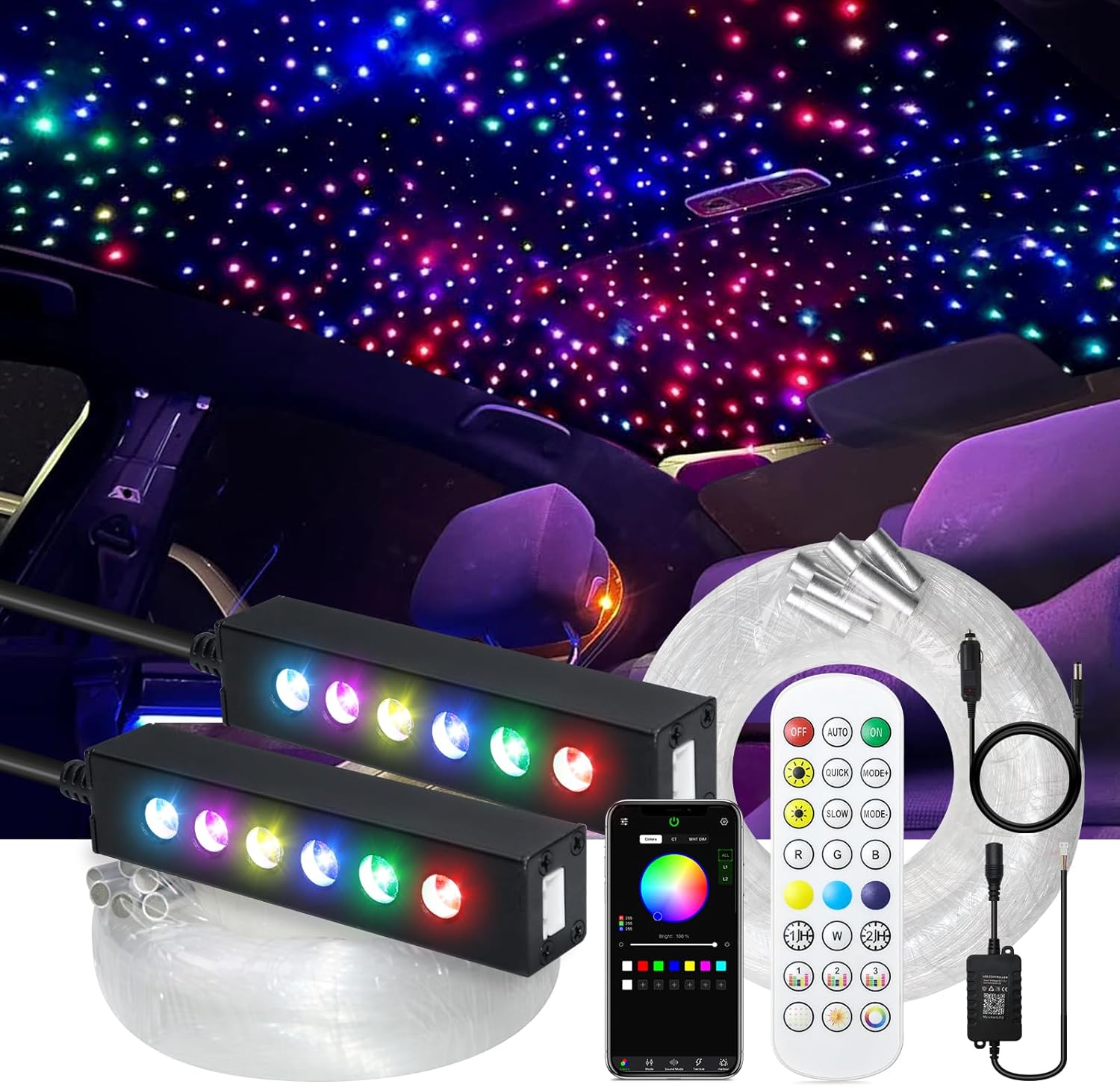 WEBUPAR 2PCS 3.2W 6LEDs Meteor Starlight Headliner Kit, 480pcs 0.01in 6.56ft, RGBW Shooting Stars Fiber Optic Lights with Bluetooth APP Control for Car/Home Theater