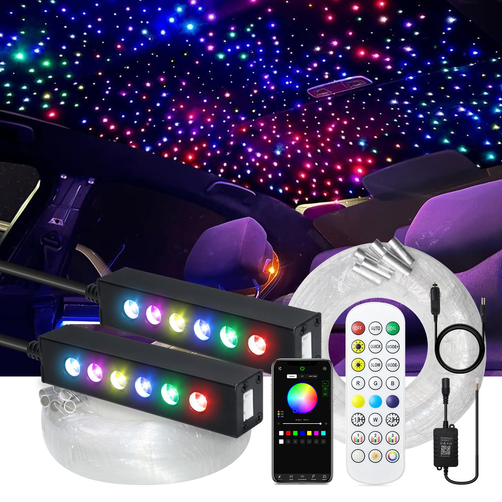 2PCS 3.2W 6LEDs Meteor Starlight Headliner Kit, 480pcs 0.01in 6.56ft, RGBW Shooting Stars Fiber Optic Lights with Bluetooth APP Control for Car/Home Theater