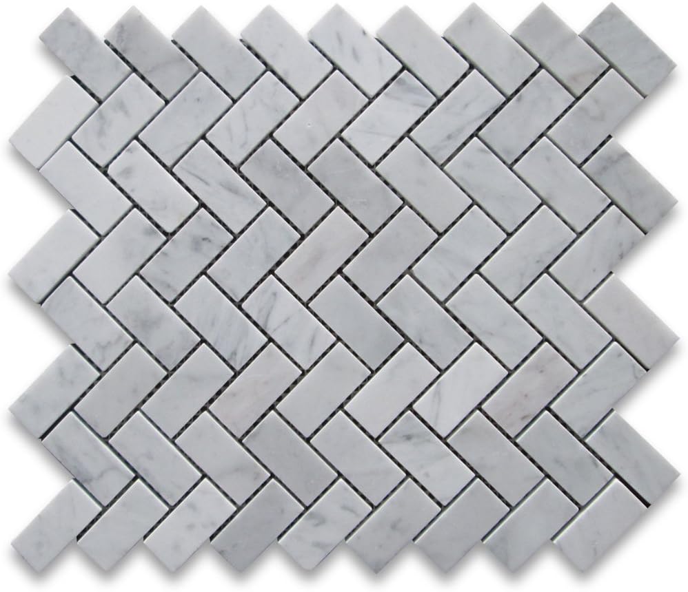 Carrara White Italian Carrera Marble Herringbone Mosaic Tile 1 x 2 Honed