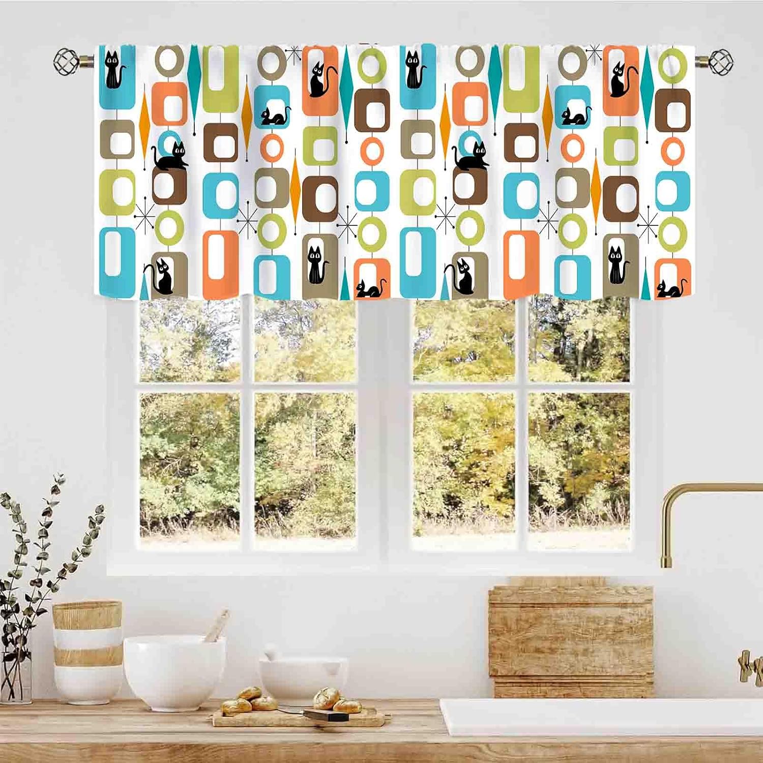 Mid Century Modern Valance Curtains, Retro Geometric Atomic Abstract Pattern Black Cat Middle Century 1950s 1960s Bright Small Window Valance for Cafe Living Room Bedroom Bathroom, 54"x18" Inch
