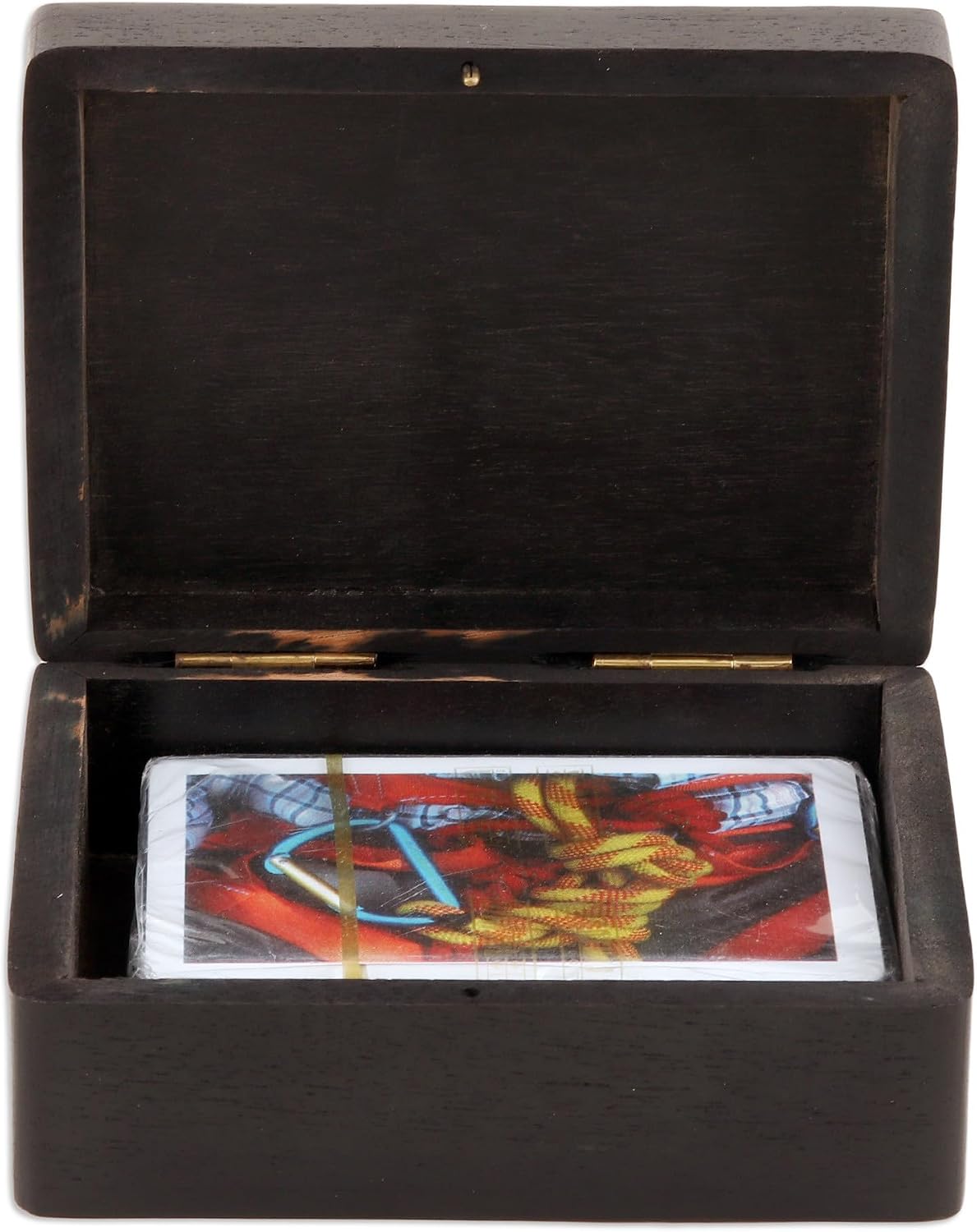 NOVICA Artisan Handmade Wood Deck Box Acacia with Playing Cards Metallic Black Woodsteel India Chess Sets Games Traditional Cultural [1.7in H x 4.3in W x 3.4in D] 'Challenging Luck'