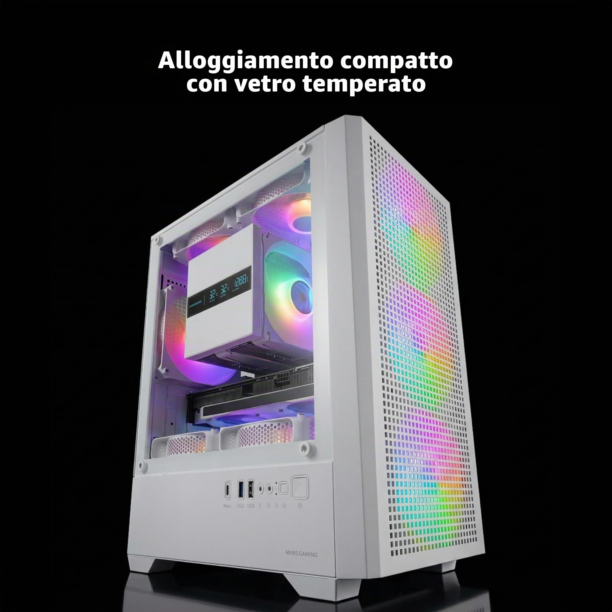 Mars Gaming MC-VECTOR, Case PC Gaming Micro-ATX e Mini-ITX, 4x Ventole ARGB FDB 120mm, Vetro Temperato, Frontale Mesh, Doppia Camera, Supporto Raffreddamento Liquido 120mm, USB-C, Bianco