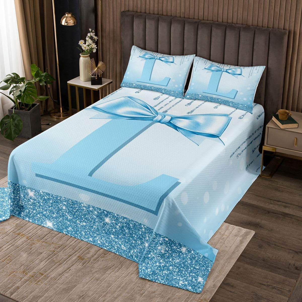 Erosebridal Initial Letter L Bedspread Sets Queen Size for Women Girls Girlfriend - Cute Blue Bow Coverlet Set Girly Trendy Preppy Bow Bed Set Modern Fashion Coquette Bows Bedding Set