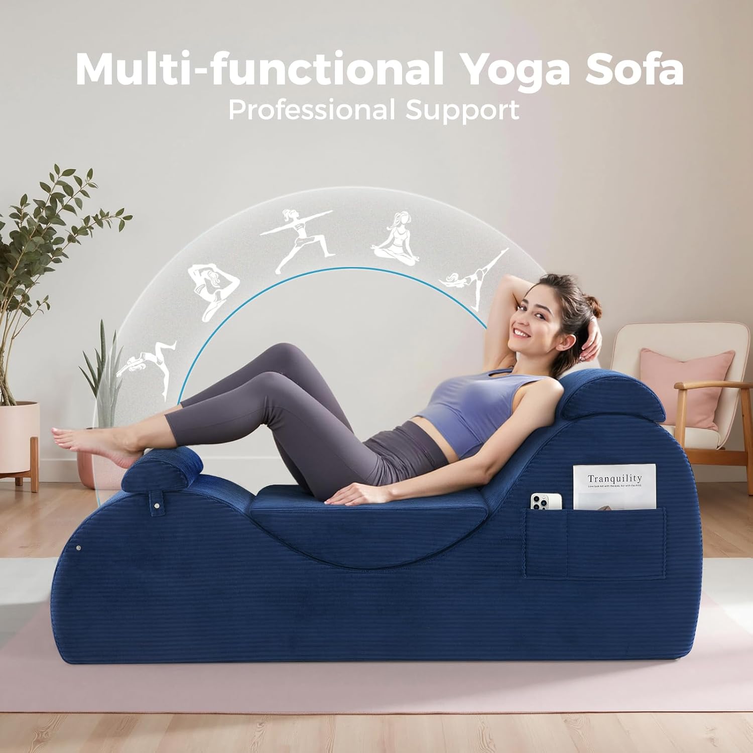Yoga Chairs for Adults, Ergonomic Chaise Lounge Chair Indoor with Side Pocket, Lumbar Pillow, Ottoman, Yoga Chair Perfect for Stretching, Relaxation, Exercise, Used in Bedroom, Living Room（Blue）