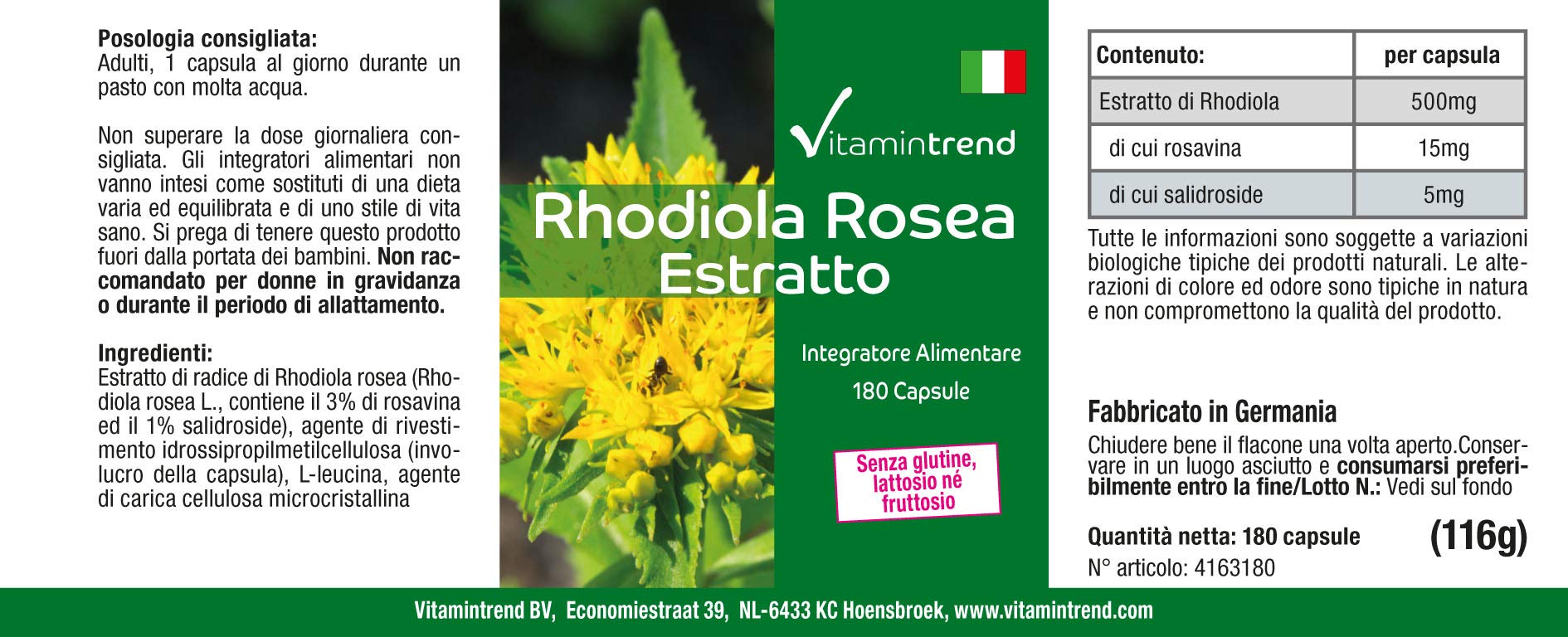 Vitamintrend Rhodiola Rosea Extrakt 500mg Tagesbedarf, 180 Kapseln, schluckfreundlich, hochdosiert, Nahrungsergänzungsmittel vegan ohne Magnesiumstearat, in Deutschland hergestellt