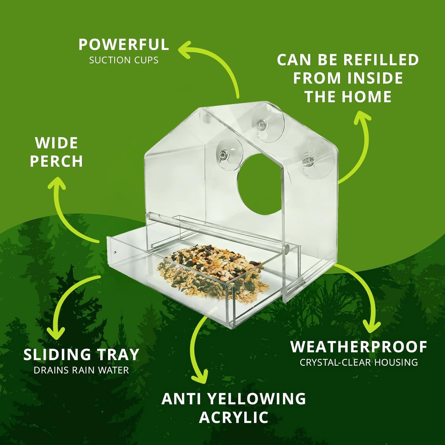 Nature Gear Okienny karmnik dla ptaków, taca przesuwna do wielokrotnego napełniania, odporna na warunki atmosferyczne, śnieg i wiewiórka, odprowadza wodę deszczową, patrz ptaki śpiewające z domu!