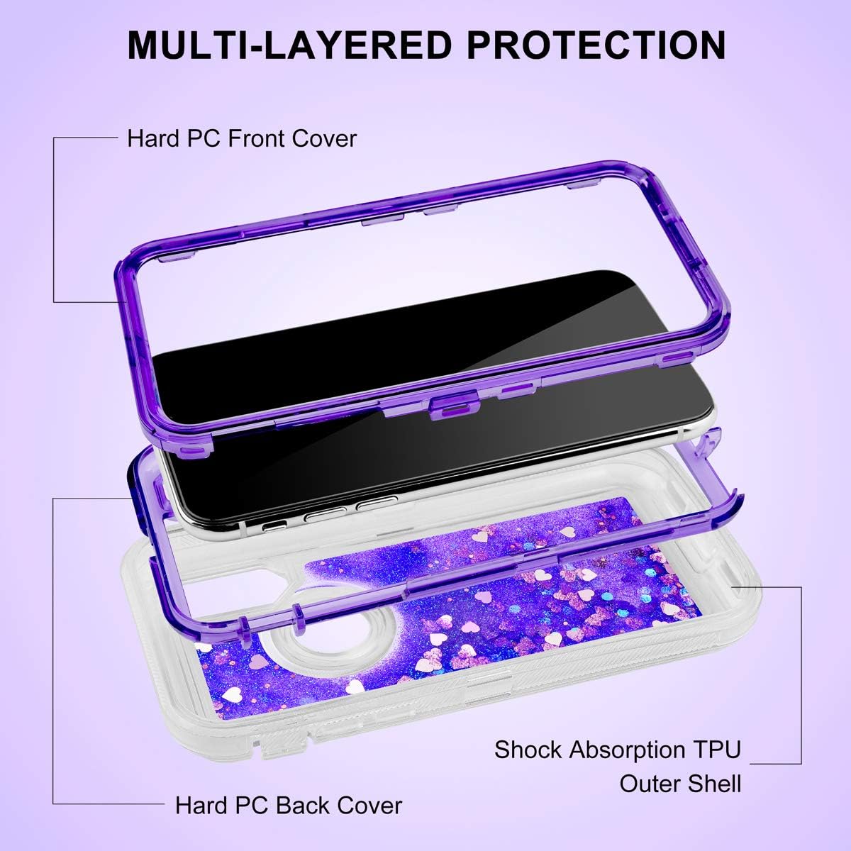 Caka iPhone XR Case, iPhone XR Glitter Case Protective Series Girly Fashion Luxury Bling Flowing Liquid Floating Sparkle Glitter Cute Full Body Rugged Hybrid Bumper Case for iPhone XR (Purple)