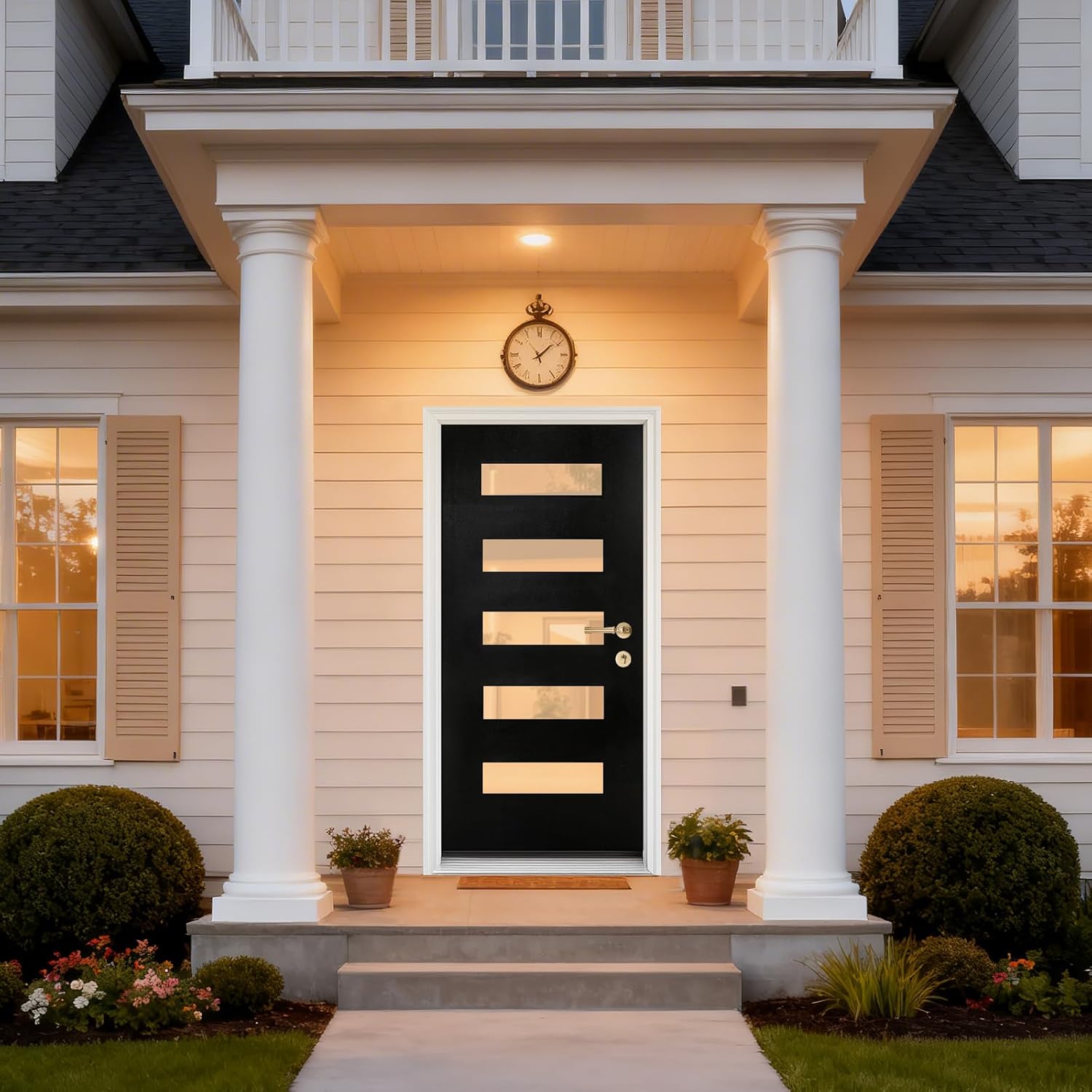 36" x 80" Fiberglass Entry Door, Modern Front Door with Vinyl Frame & Brickmould, Black Finished Knock-Down Fiberglass Door, Mounted 5-Lite Frosted Glass, Left Hand Inswing Exterior Door for Home