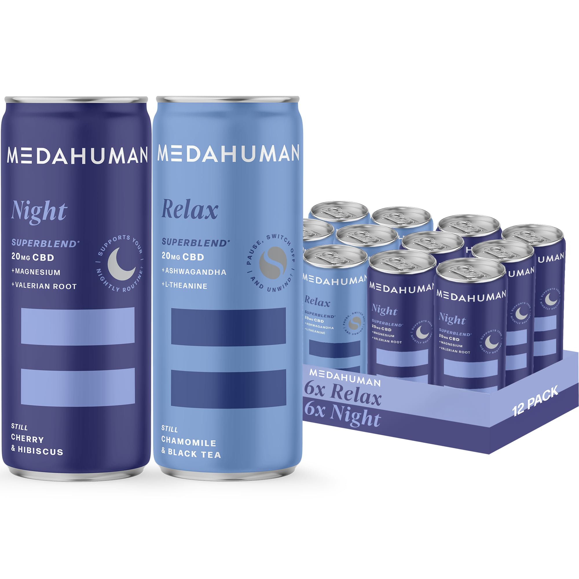 MEDAHUMAN CBD Still Drink Mixed Pack – Night (Sour Cherry & Hibiscus) & Relax (Chamomile & Black Tea) with Ashwagandha, Valerian Root, L-Theanine, Magnesium & D3 | Anxiety Relief Drink – 12 x 250ml