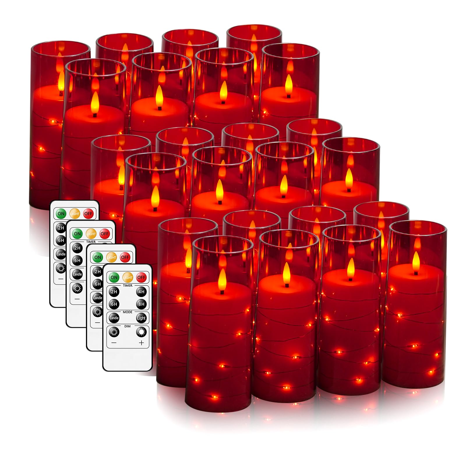 Bougies LED à piles kakoya rouge avec chaîne d'étoiles lumineuses et coque acrylique stable