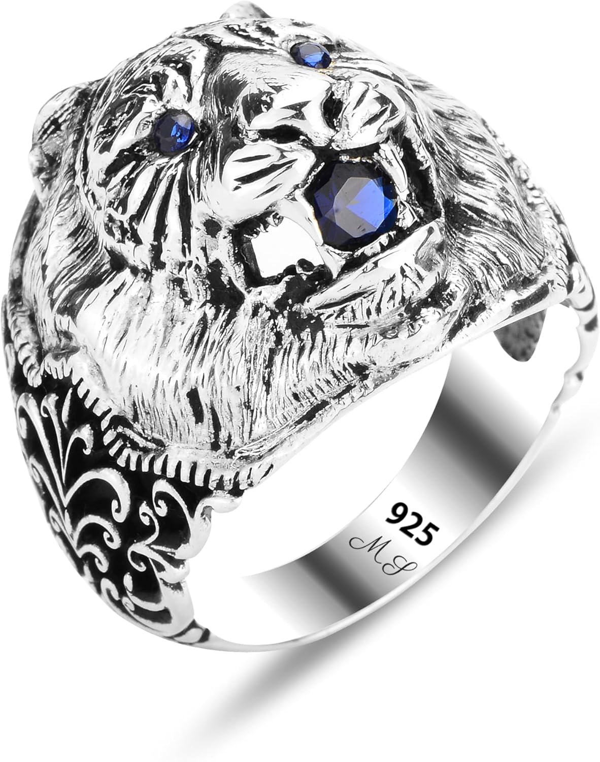 Silver Tiger Animal Head Ring, Sapphire Stone Men Ring, Wild 3D Tiger Head Ring, Sapphire Eye Tiger Ring, 925k Sterling Silver Ring