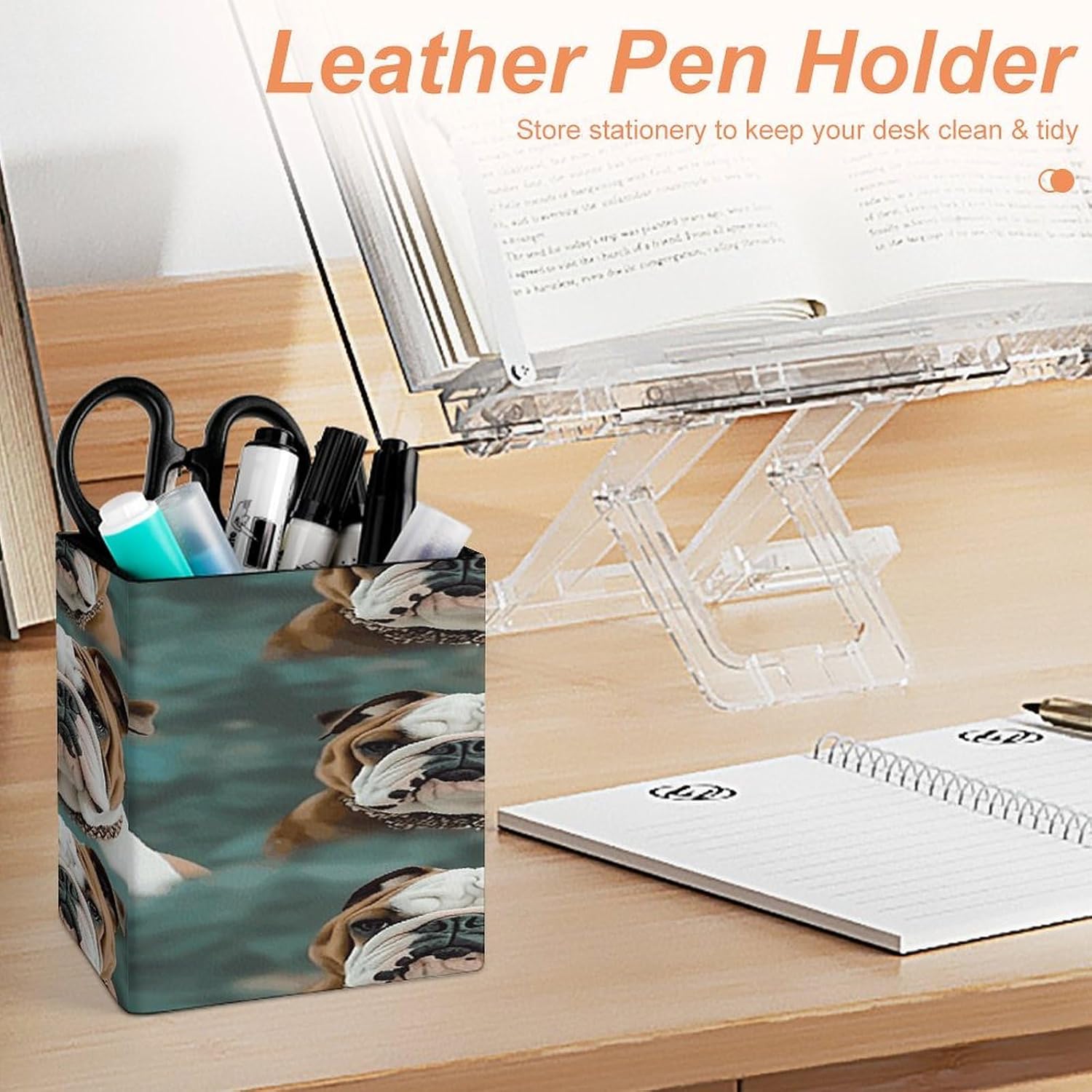 Funny English Bulldog Pen Holder Square Leather Pencil Holder Modern Modern Pencil Cup Pen Cup Fashion Makeup Brush Holders Desktop Organizer for Office Home Desk Accessory image 4