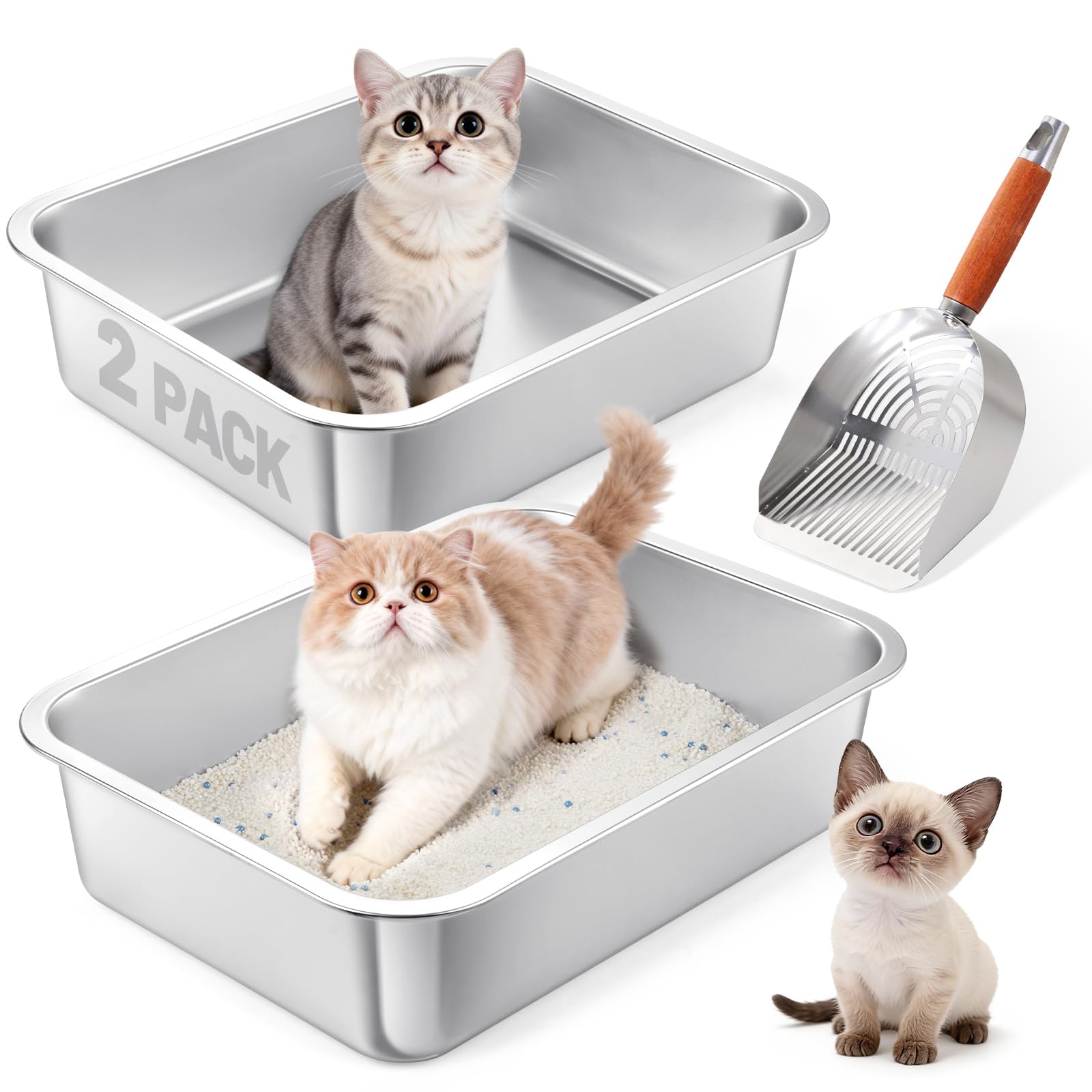 PICK FOR LIFE 2 Packs Stainless Steel Cat Litter Tray Box for Multi-Cat Households, No Odor Metal Litter Tray with Litter Scoop for Rabbit, Guinea Pig Non-Stick No Rust Easy to Clean 40 * 30 * 10 CM