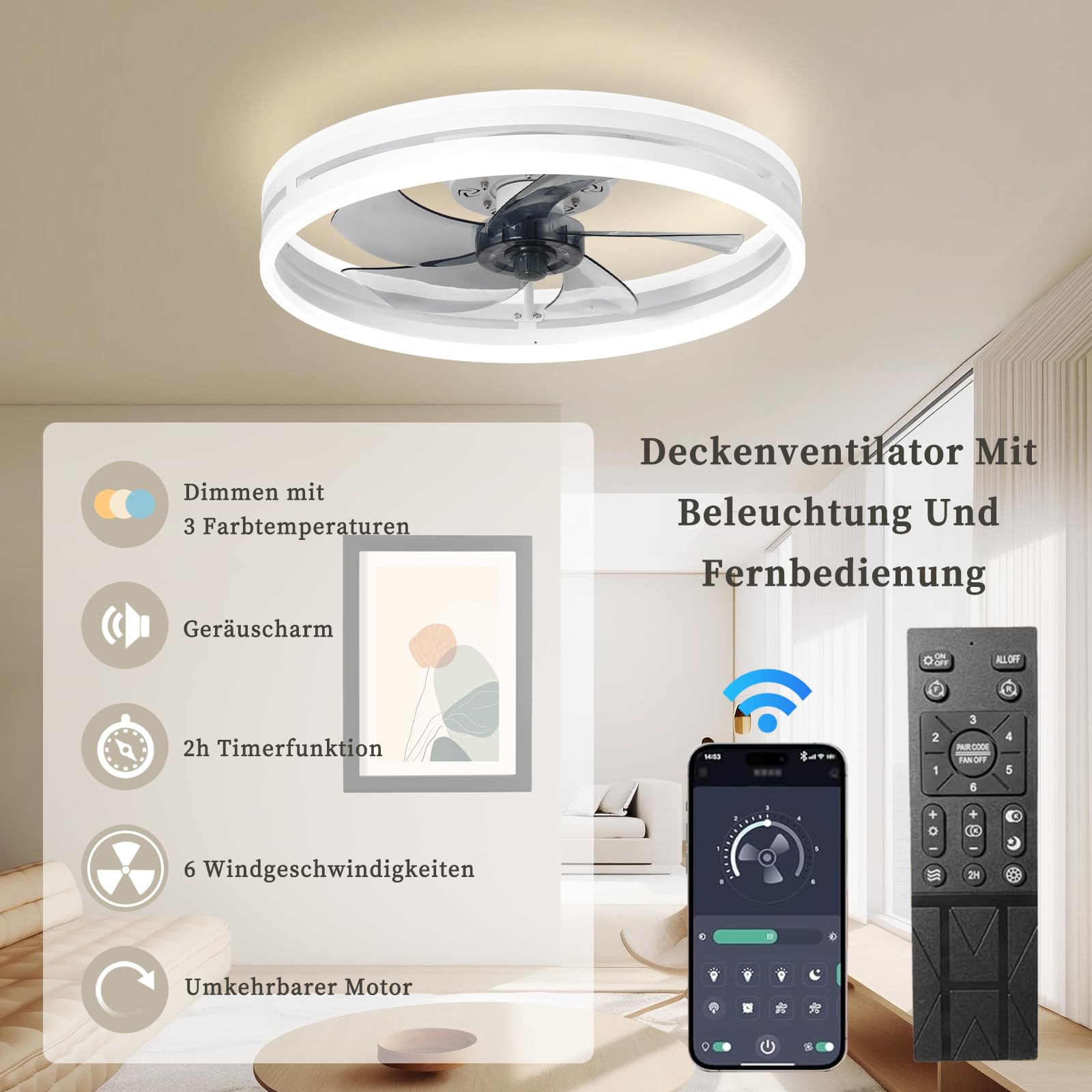 Leise Deckenventilator Mit Beleuchtung 72W Dimmbare Deckenleuchte Mit Fernbedienung Und APP 6 Geschwindigkeiten Lampe Mit Ventilator Timer Deckenventilatoren Schlafzimmer Wohnzimmer Licht (Weiß,50cm)