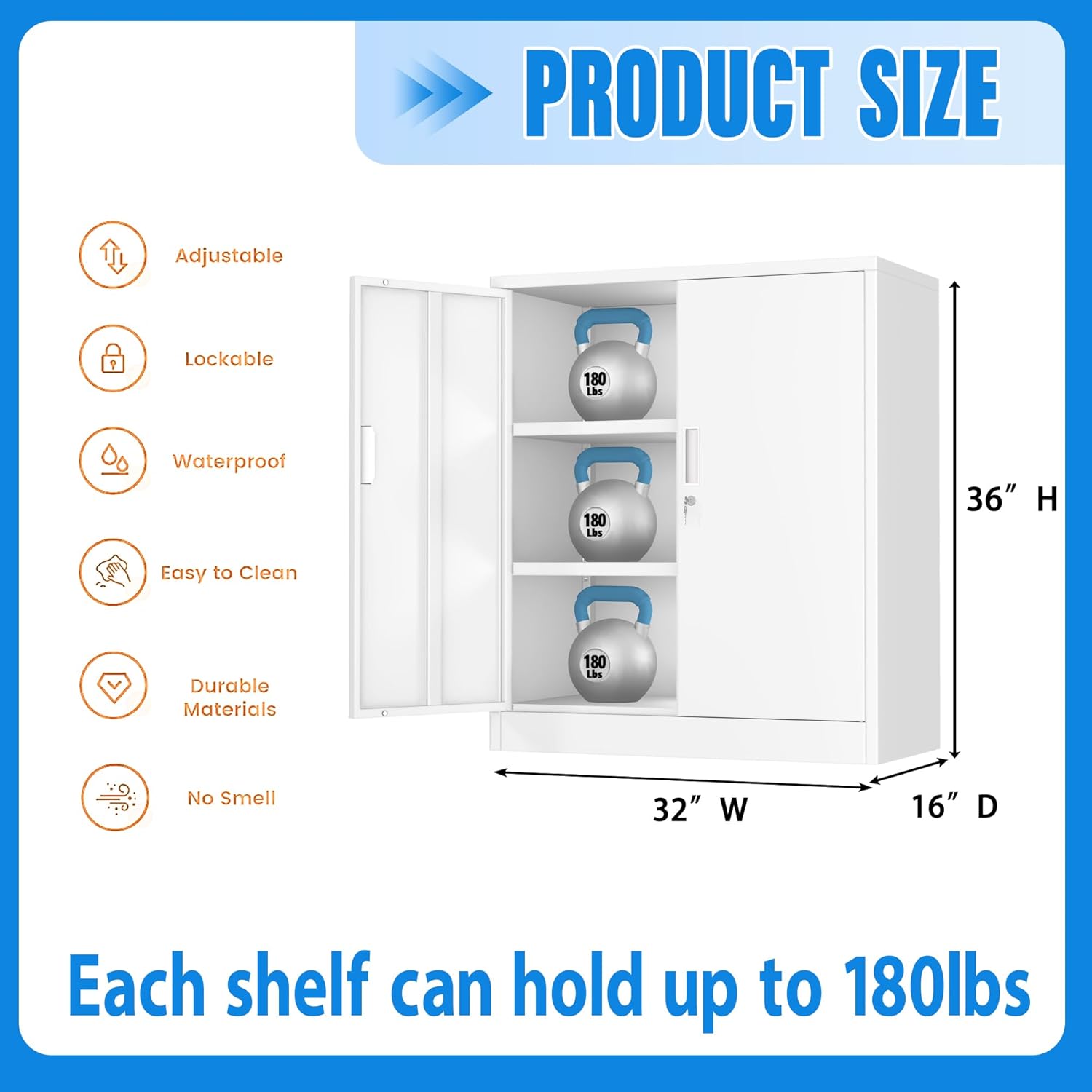 BESFUR Metal Storage Cabinet with Lock and 2 Adjustable Shelves, 36" H Lockable Storage Cabinet for Home, Office, Garage, Utility Room and Basement(White)