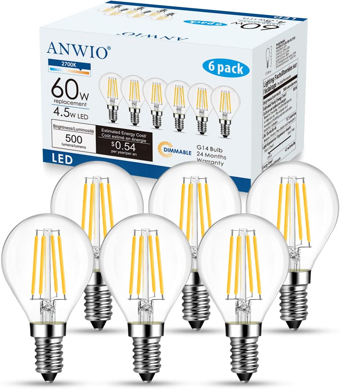 ANWIO Clear G14 LED Light Bulb Filament Bulb Dimmable Small Globe Round Light Bulbs 4.5W(60W Equivalent) Warm White 2700K 500lumen LED Bulb E12 Base Lightbulb Chandelier Edison Light Bulb 6 Pack