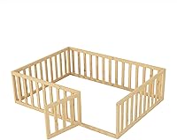 Vista 25 de Merax Marco de cama de piso de madera de tamaño individual con valla y puerta (nogal)