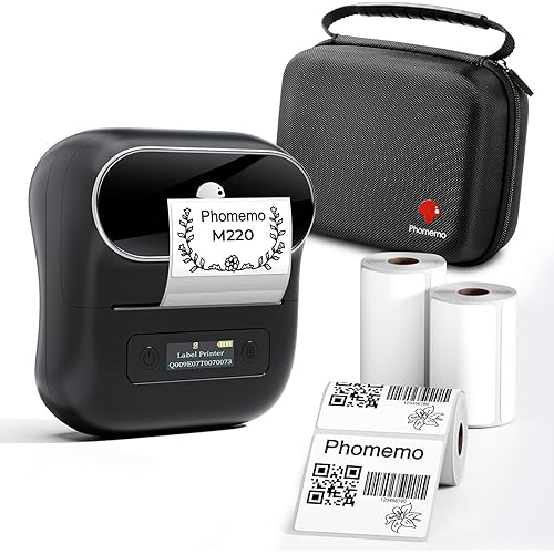 Phomemo Label Maker, M220 Thermal Label Printer, 80mm Portable Bluetooth Barcode Printer Compatible with Andriod/iOS for Home, Office, Small Business, with 3 Packs Label & Case