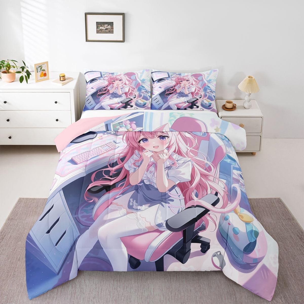 Erosebridal Preppy Girls Kids Comforter Set | Kawaii Japanese Girl Drinking Water Bedding King,Coquette Girl with Colorful Curly Hair Down Comforter Pink Anime Gifts Duvet Set for Bedroom