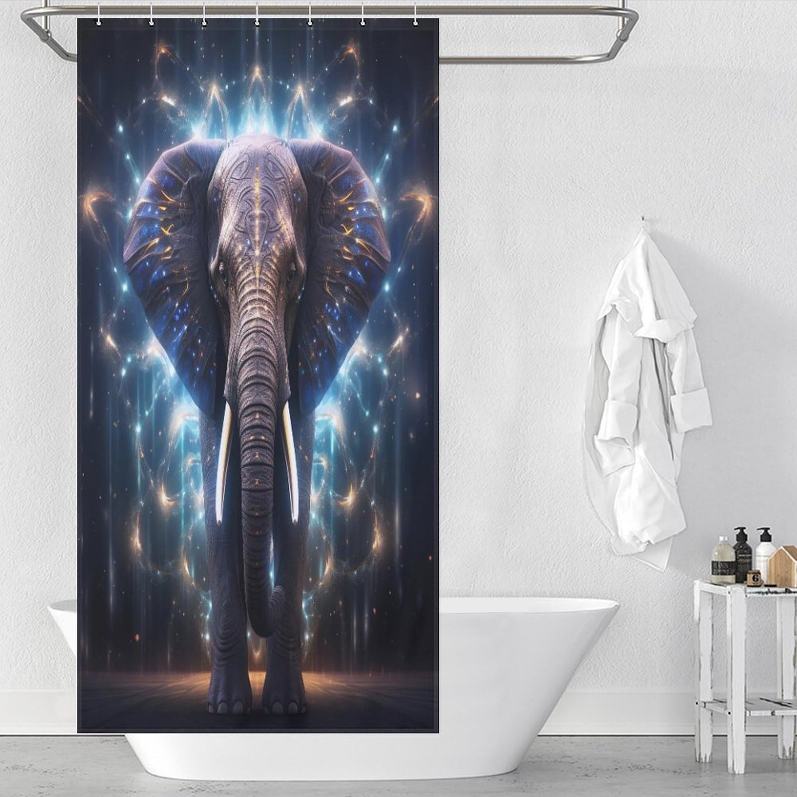 Rideau de douche polyester avec crochets motif éléphant 92x183