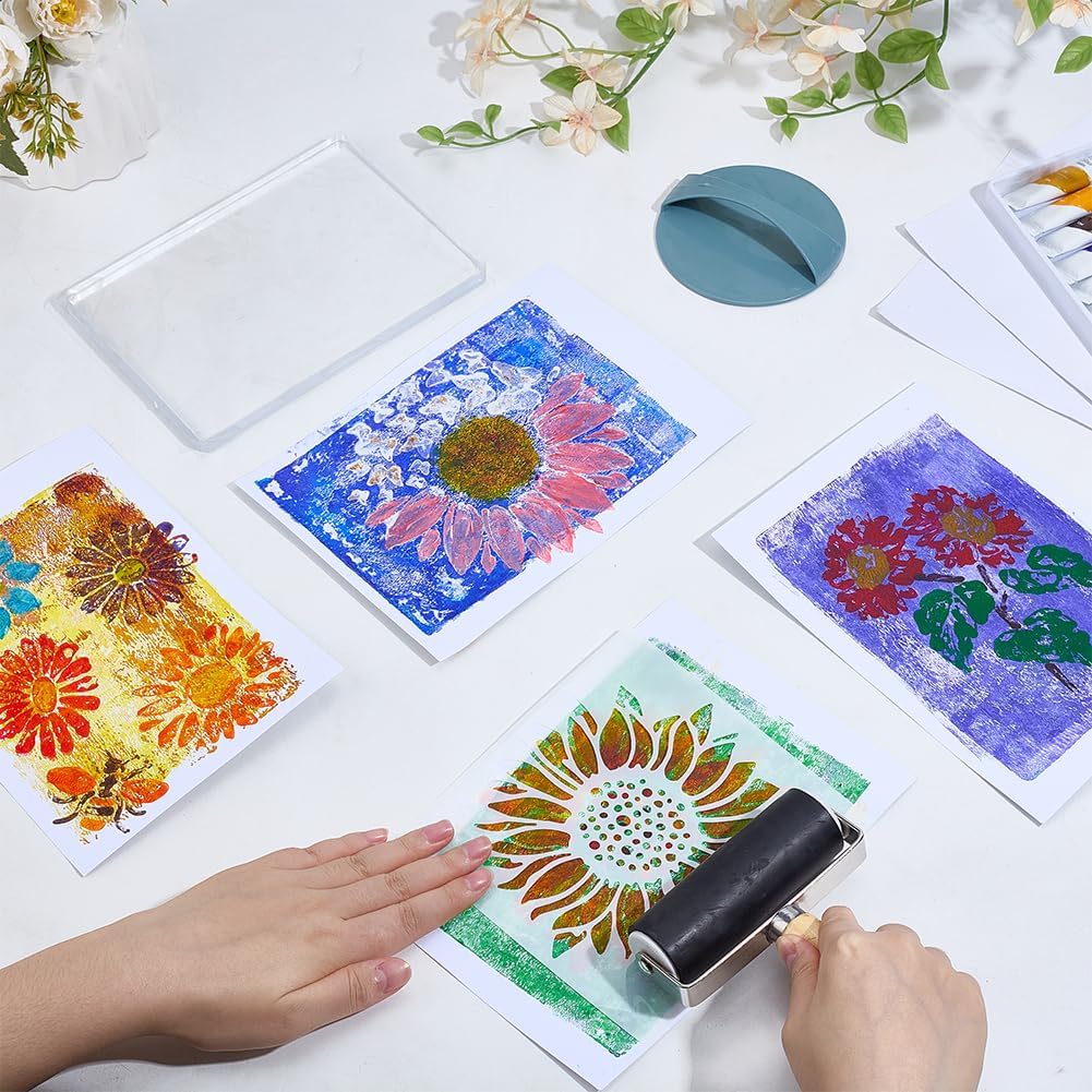 WEBEEDY 10 Sets Gel Printing Plate Kit for Beginner, Complete DIY Printmaking Kit with 5"x 7" Gel Plate, Sunflower Stencil, Brayer, A5 Paper, Paints & Instruction for Mixed Media Art Printing Supplies