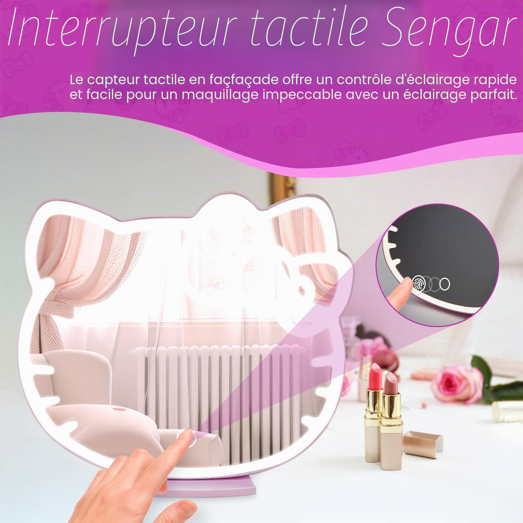 Impressions Vanity Supercute Hello Kitty Miroir de Bureau avec lumières et capteur Doux au Toucher, Miroir de Maquillage réglable à Trois Tons avec Plateau Extensible caché et Support de téléphone