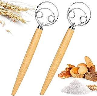 2 Pièces Fouet à Pâte Danois Fouet à Pâte à Pain Mélangeur de Pâte à Main Fouet à Pâte de Poignée en Bois, Acier Inoxydable Fouet Danois, Outils de Cuisine pour Pain, Crêpes, Biscuits