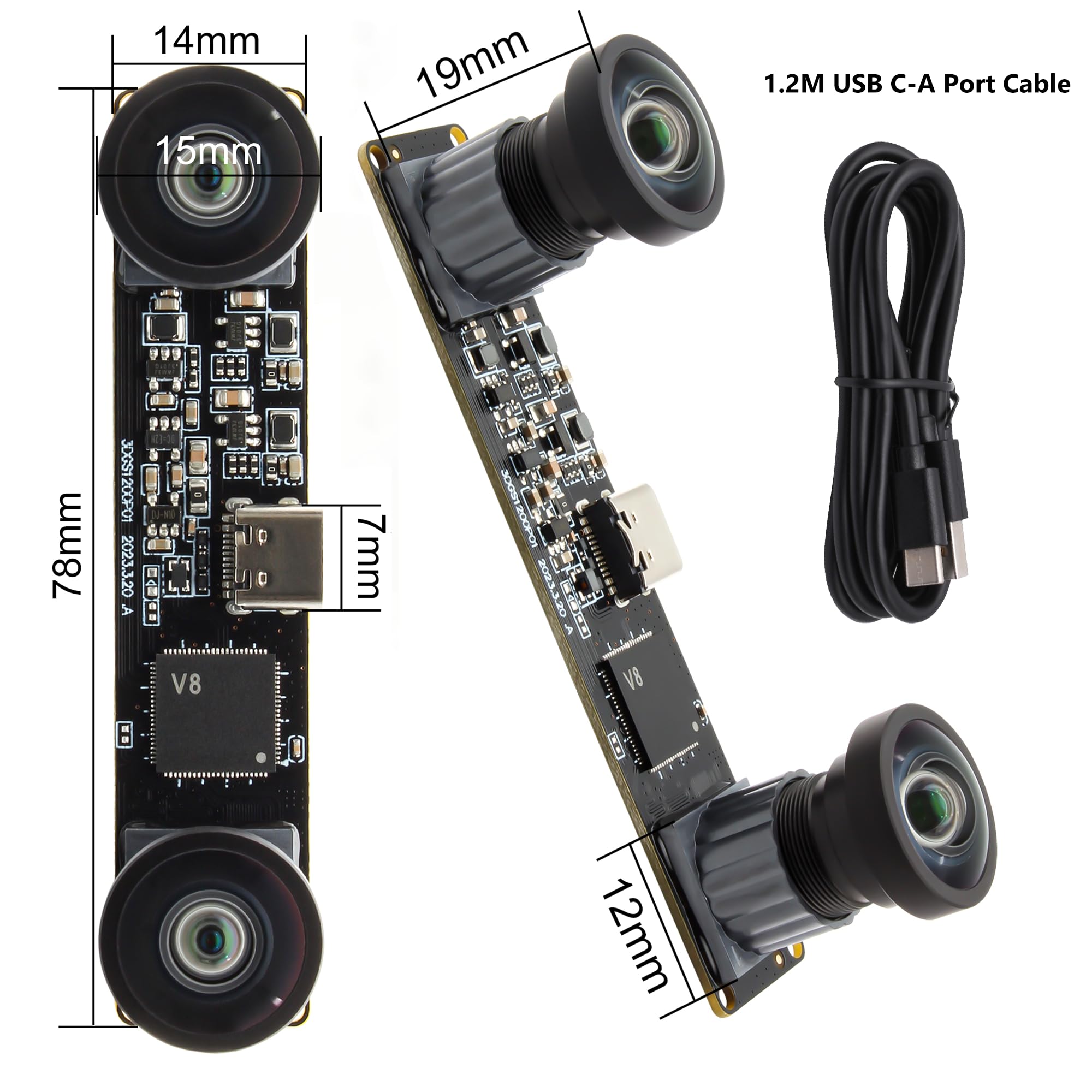 Cámara USB con obturador global de 1200P | Lente dual estéreo 3D VR de alta velocidad de 120 fps | Cámara de sincronización gran angular sin distorsión para robótica, reconocimiento facial y