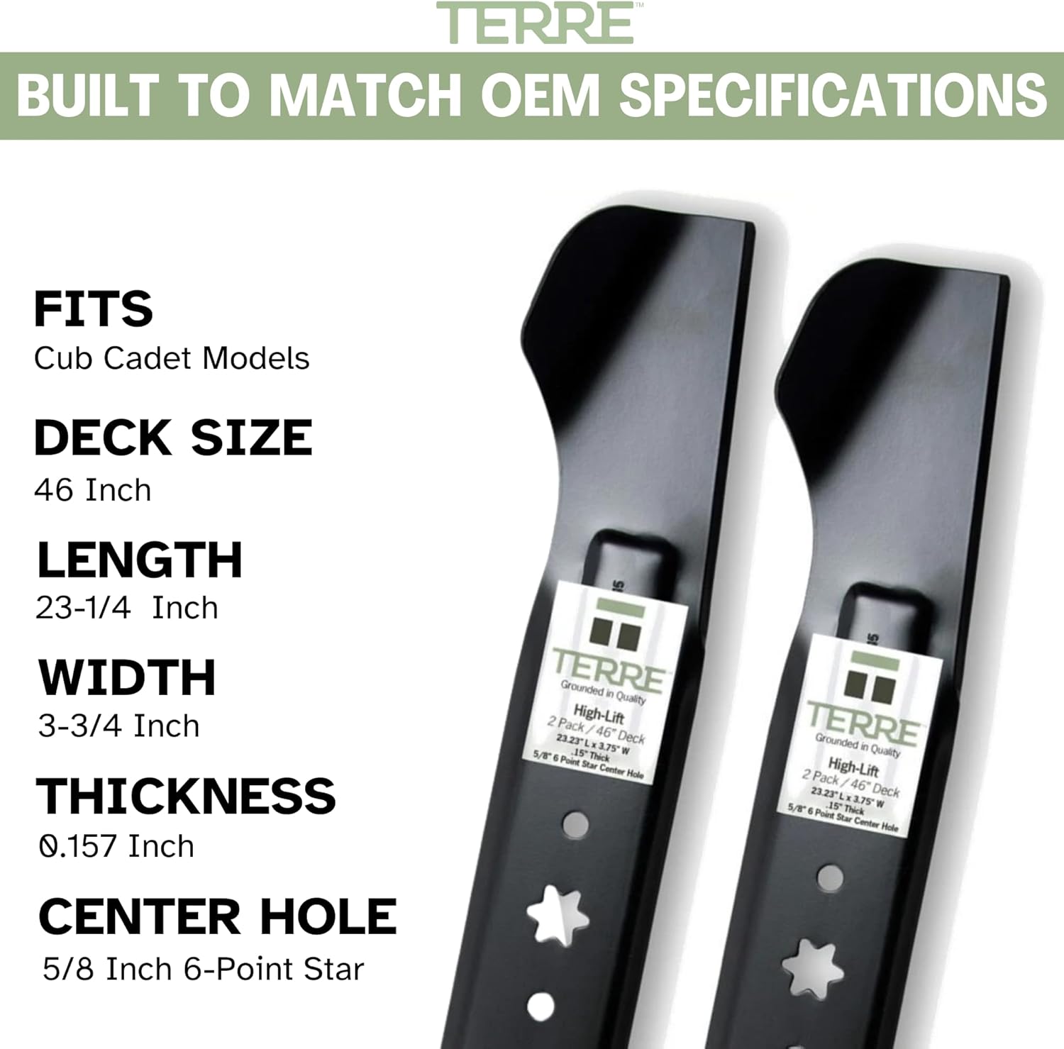 Terre Products, 46 Inch Lawn Mower Blades, 2 Pack, High Lift, Compatible with Cub Cadet XT1, XT2, Craftsman LT46, Replacement for 742-04244, 742-04244A, 942-04244, 942-04244A, 742-04290, 942-04290