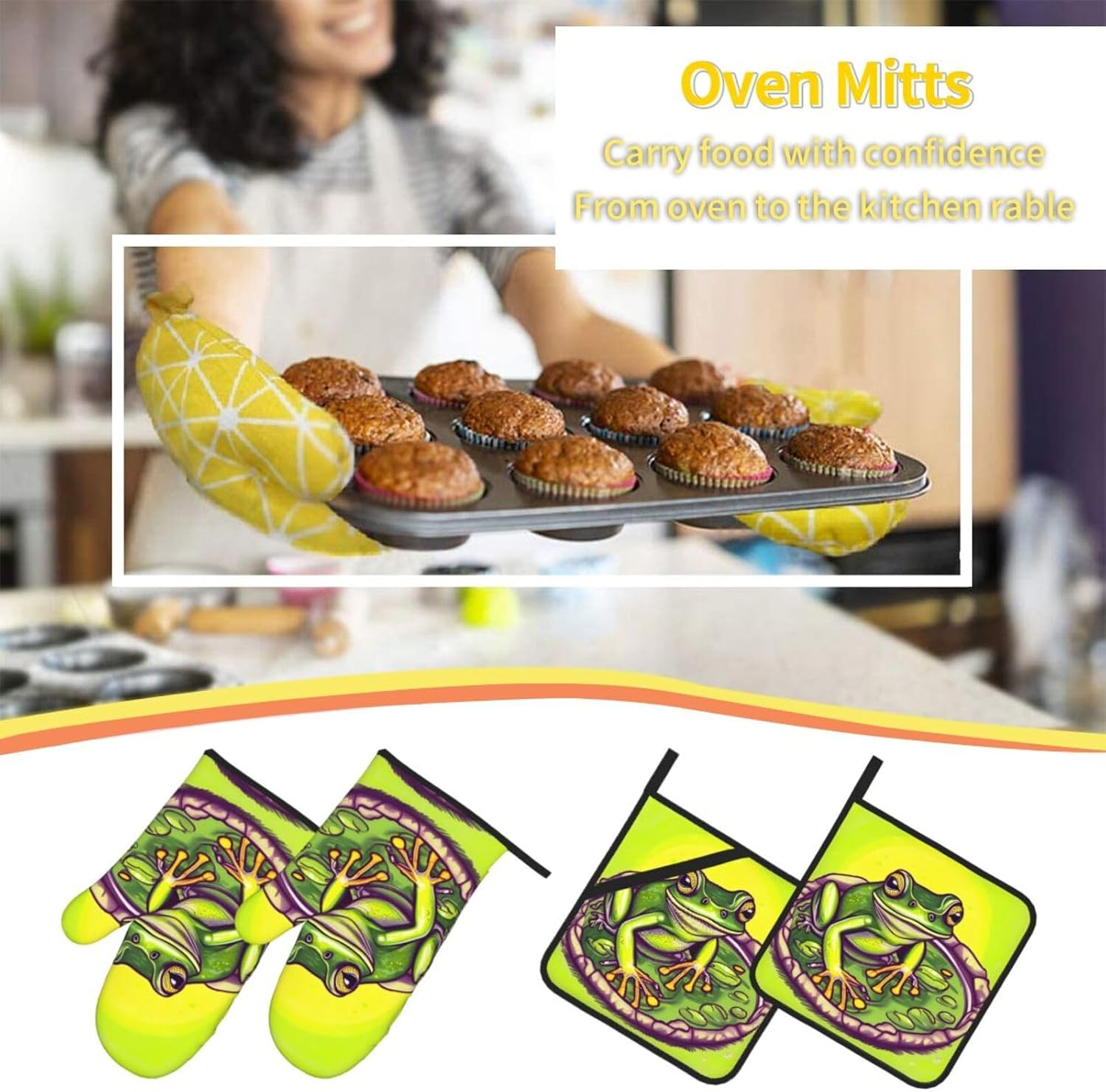 Frog in a Pond Printed Oven Mitts + Potholders 4-Piece Set - Great for BBQ Party Cooking