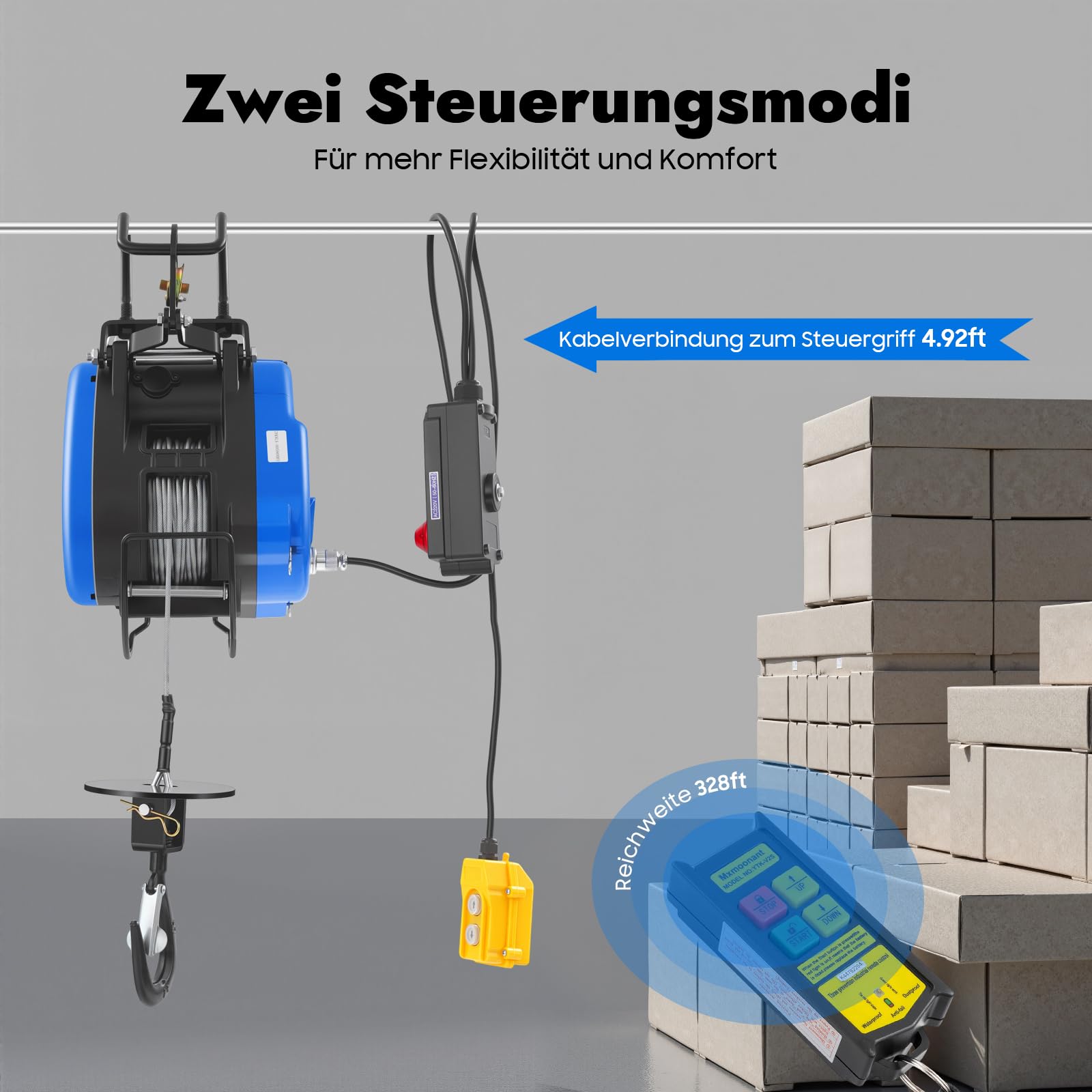 Elektrische Seilwinde 1500W 30 m, Elektrohebezeug bis 250 kg Tragkraft, Tragbare Winde mit Stahlseil und fernbedienung für Werkstatt, Garage und Baustelle
