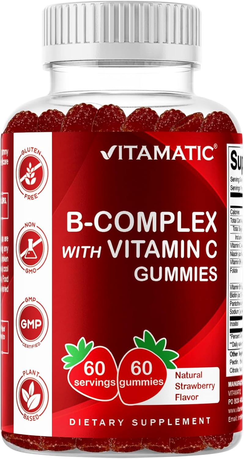 Vitamatic Vitamin B Complex Gummies with Vitamin C & Inositol – Natural Strawberry Flavor – 60 Gummies (1 Bottle) Vitamatic Vitamin B Complex Gummies with Vitamin C & Inositol – Natural Strawberry Flavor – 60 Gummies (1 Bottle)