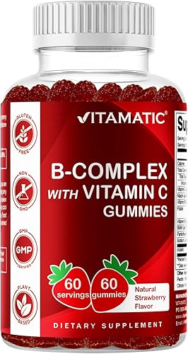 Miniatura 10 de Vitamatic Gomitas de complejo de vitamina B con vitamina C e inositol, sabor natural a fresa, 60 gomitas (3 botellas)