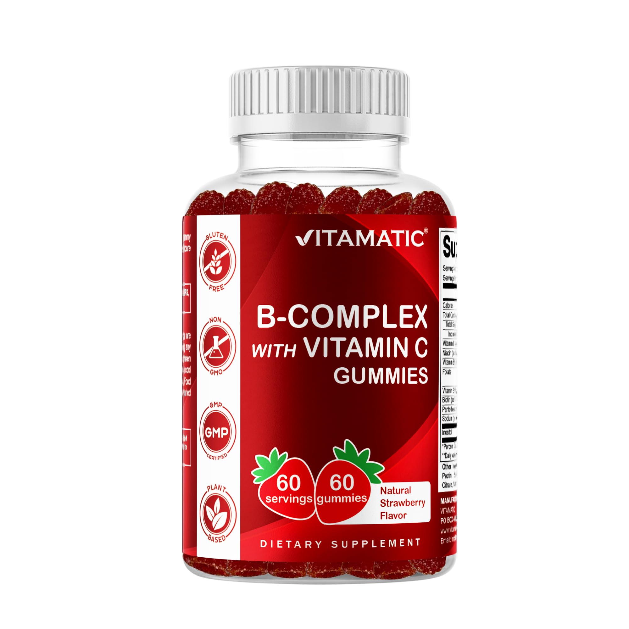 Vitamatic Vitamin B Complex Gummies with Vitamin C & Inositol - Natural Strawberry Flavor - 60 Gummies (1 Bottle)