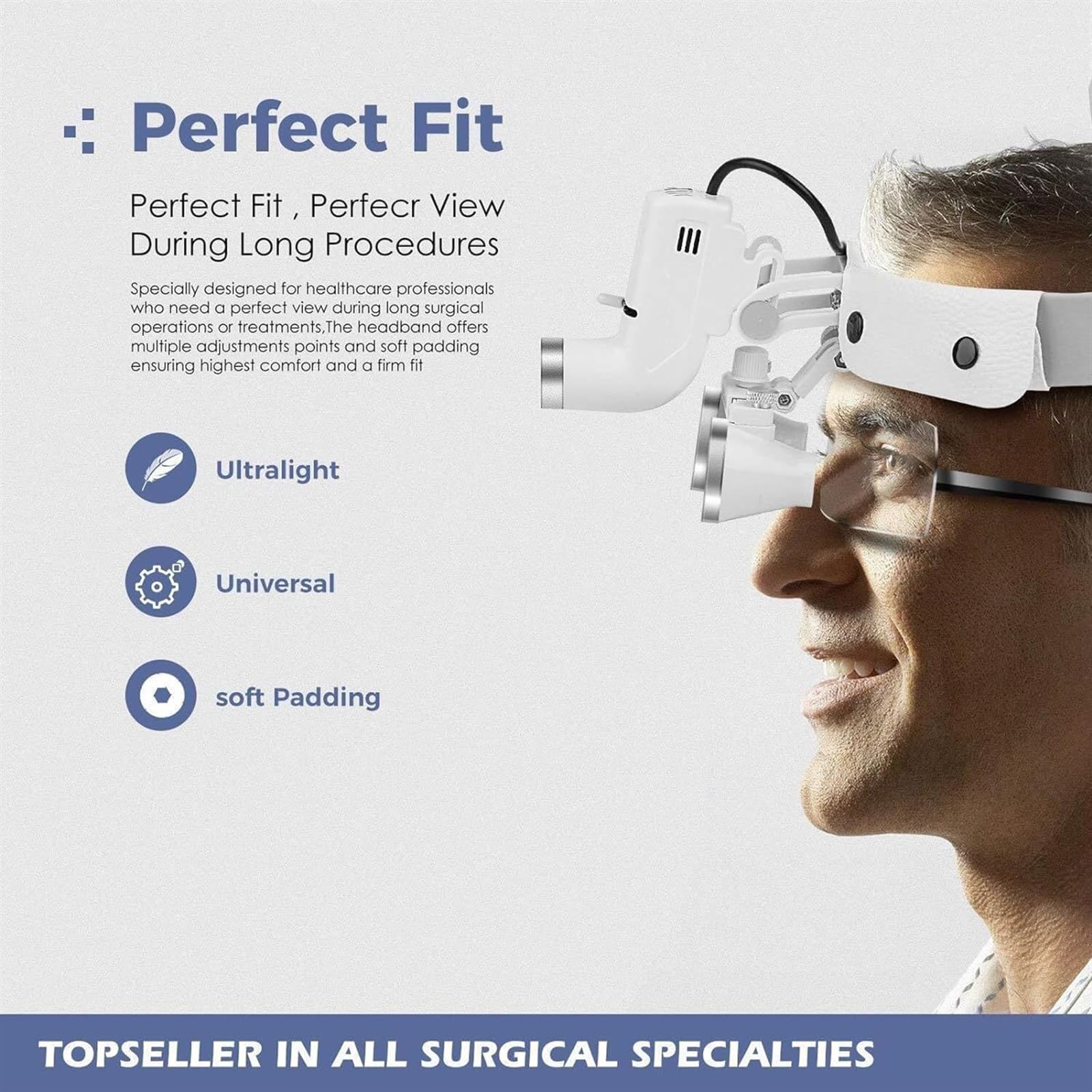Lupa Dental, Binocular de 2,5 aumentos con luz Frontal y Diadema, 30 000 Lux de Alto Brillo, Ligera, Equipo de Laboratorio Binocular de Aumento para otorrinolaringología y estomatología.