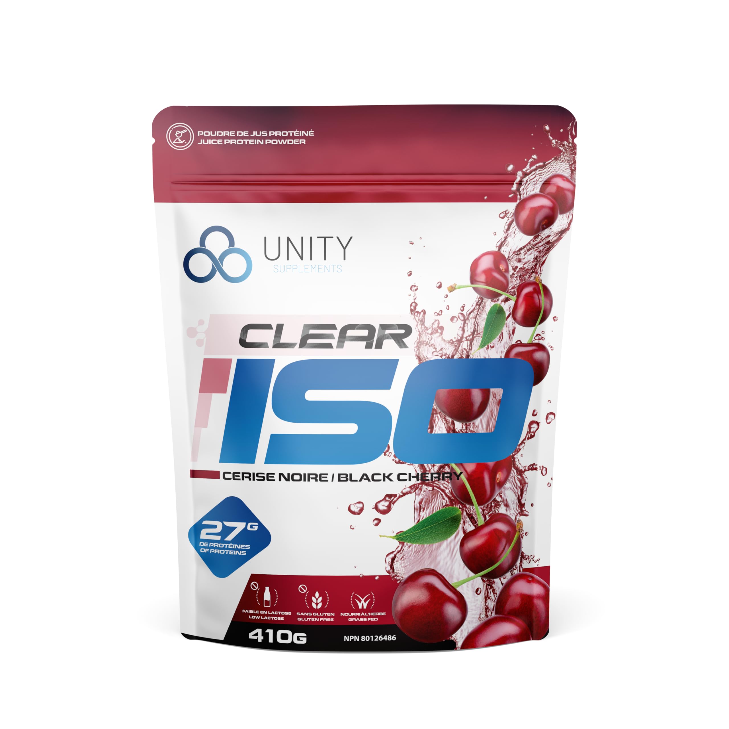 Unity Supplements CLEAR ISO Protein Powder - Grass-Fed Whey Isolate - Juice Texture - Post Workout Recovery Drink Mix - Keto Friendly and Sugar-Free - 27g of Proteins per Serving - 410g (Black Cherry)