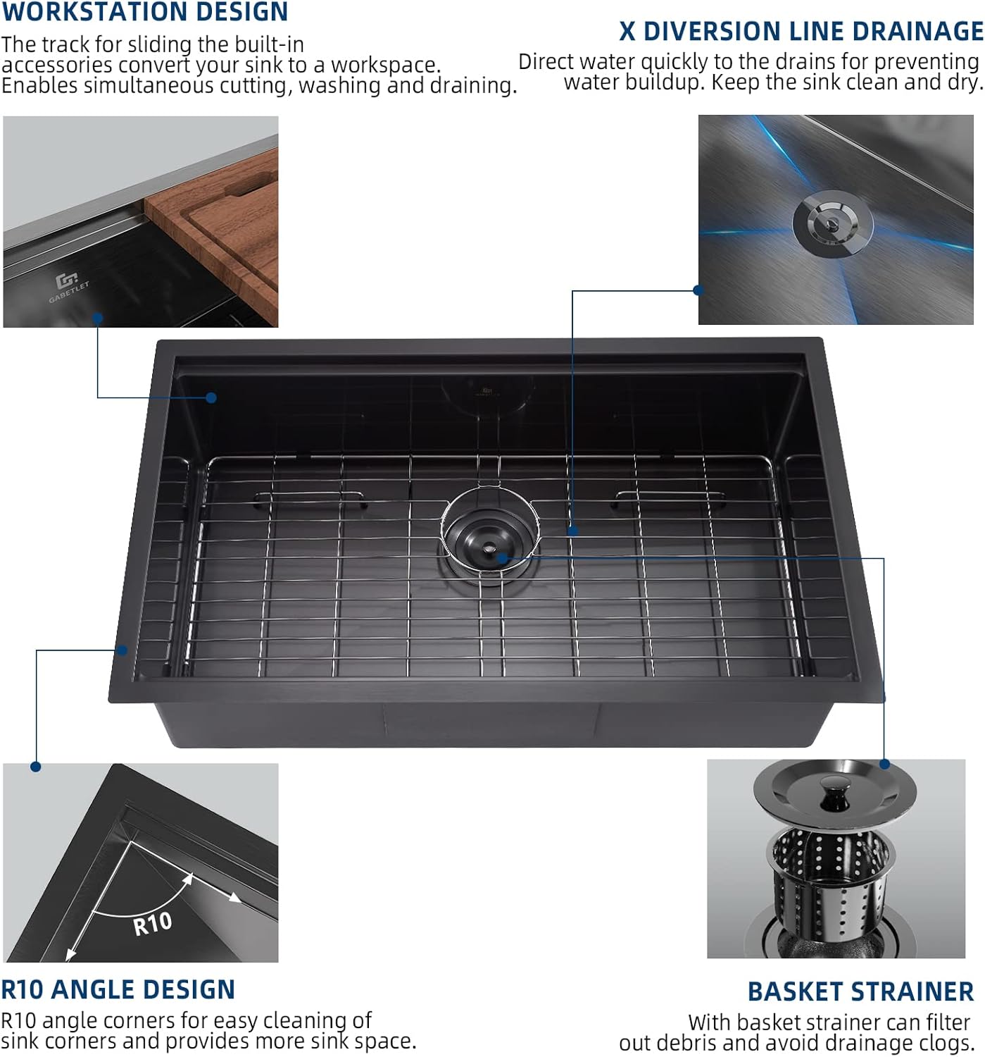 32-inch Undermount Workstation Kitchen Sink, GABETLET 16 Gauge Stainless Steel Kitchen Sink with Nano Coating & Brushed Finish, Matte Black Single Bowl Deep Kitchen Sink with Ledge and Accessories