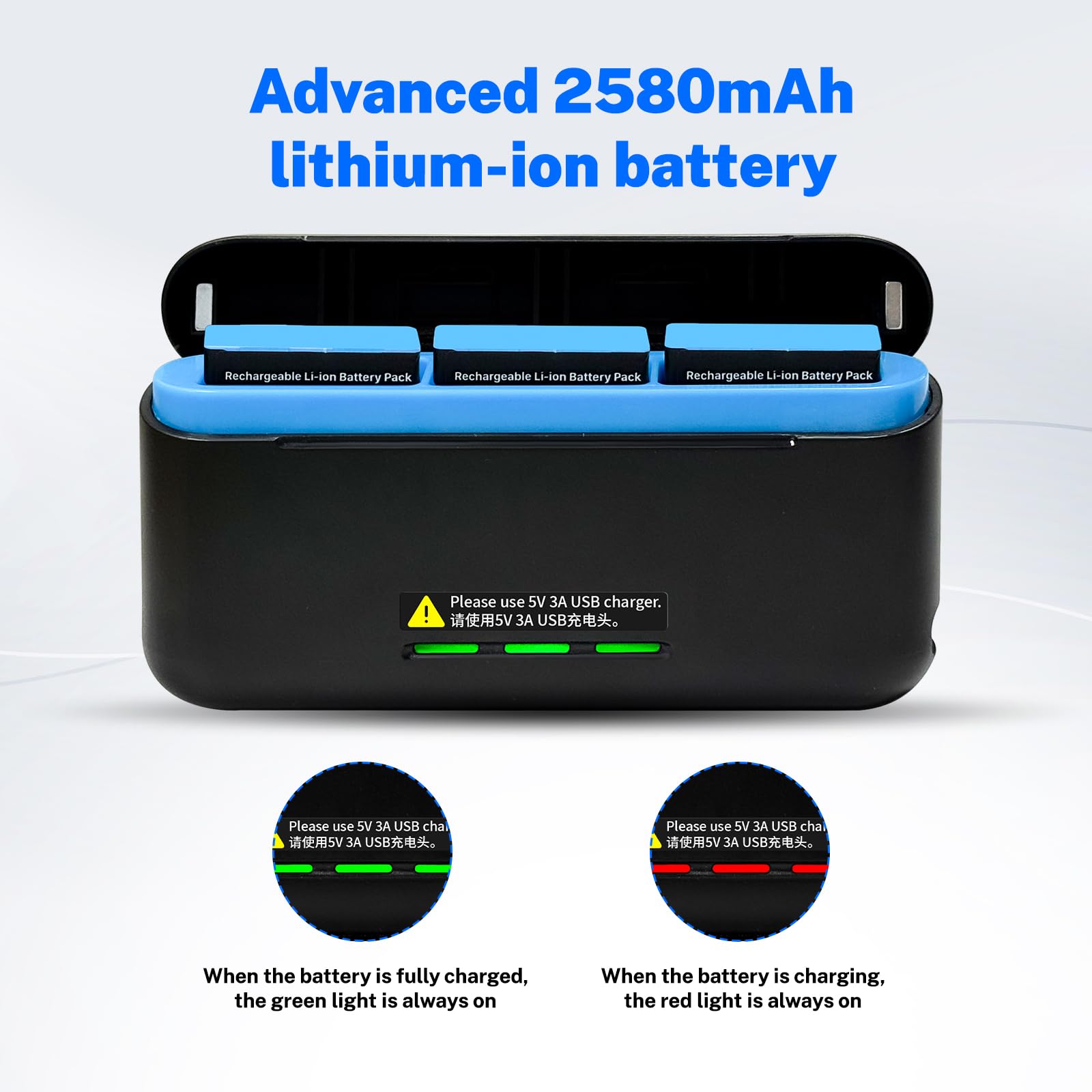 3 Stück 2580mAh Akku für Gopro Hero 12/Hero 11/Hero 10/Hero 9 mit 3-Kanal Typ-C Akku-Ladestation USB-C-Aufladen