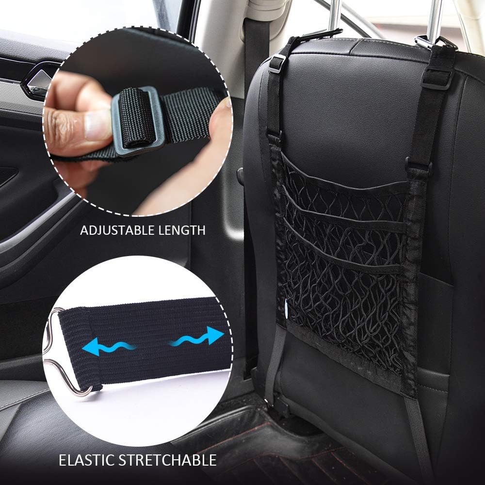 MICTUNING 3-Layer Car Mesh Organizer Storage Seat Back Cargo Net Bag Pouch for Purse Pets Luggage Barrier Children Kids