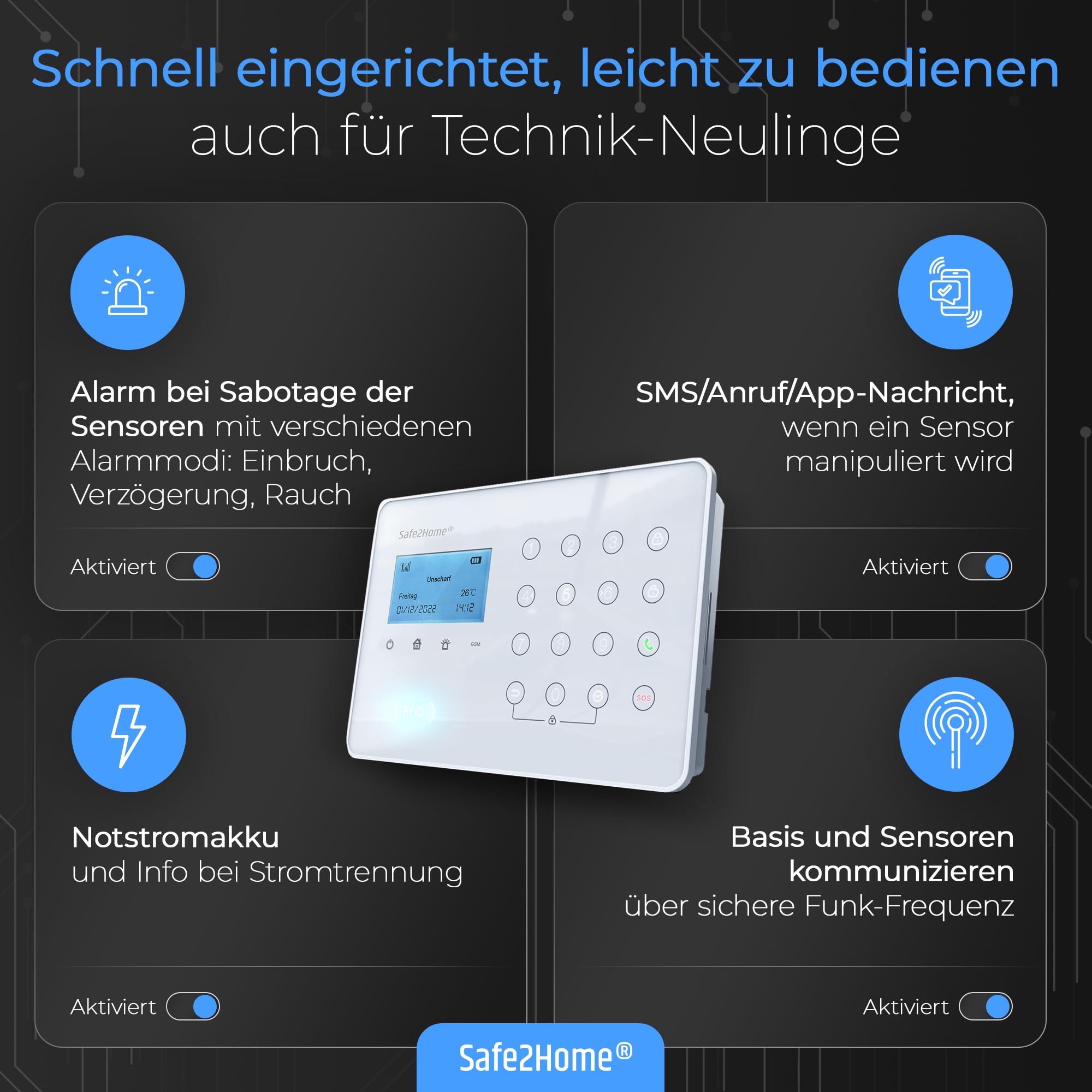 Safe2Home® Funk Alarmanlagen Set SP110 mit Sabotageschutz - deutsch - LTE Alarmsystem mit SMS Alarmierung etc. - Alarmanlagen fürs Haus Büro inkl. Zubehör und Sensoren - Alarmsystem