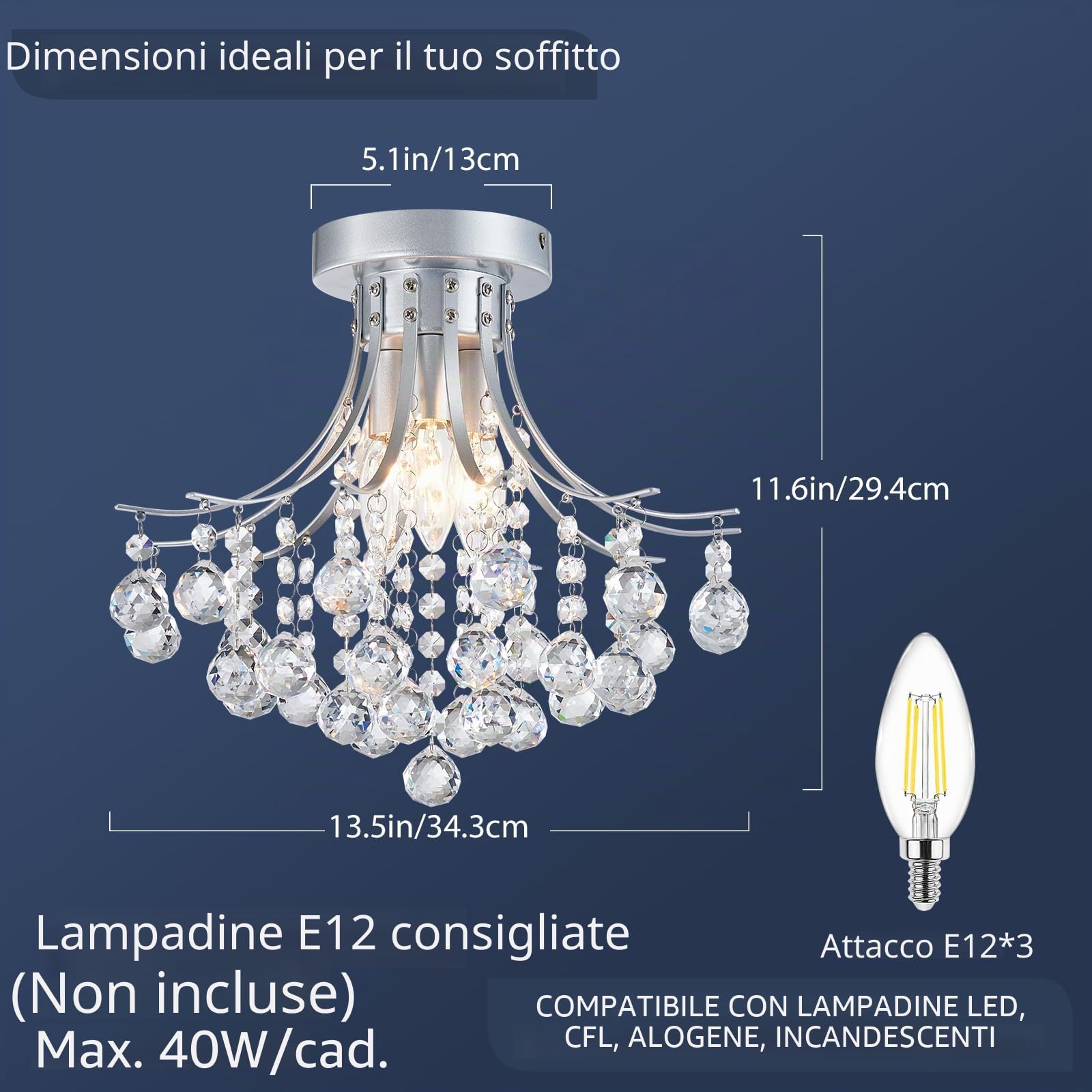 BESTIER, Lampadario Moderno in Argento con Cristalli, Semi-Incasso, Lampada da Soffitto, Ideale per Sala da Pranzo, Bagno, Camera da Letto e Soggiorno, 3 Lampadine E14 Richieste, D34cm X H30cmh