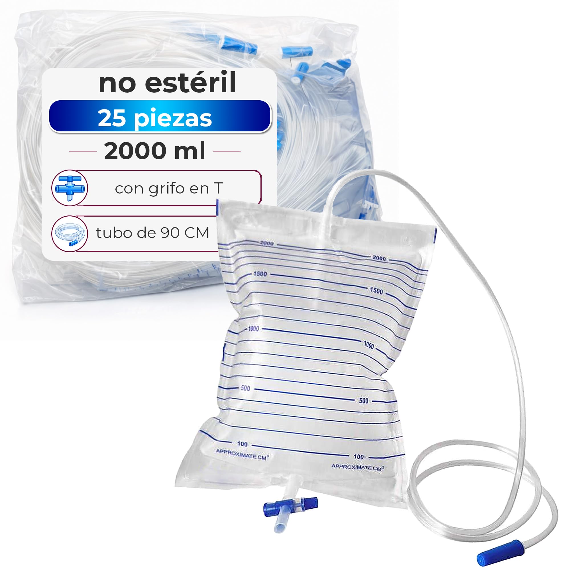Bolsa de orina no estéril – 25 piezas | tubo 90 cm | Bolsa drenaje urinario con grifo en T y válvula antirreflujo | Escala graduada desechable